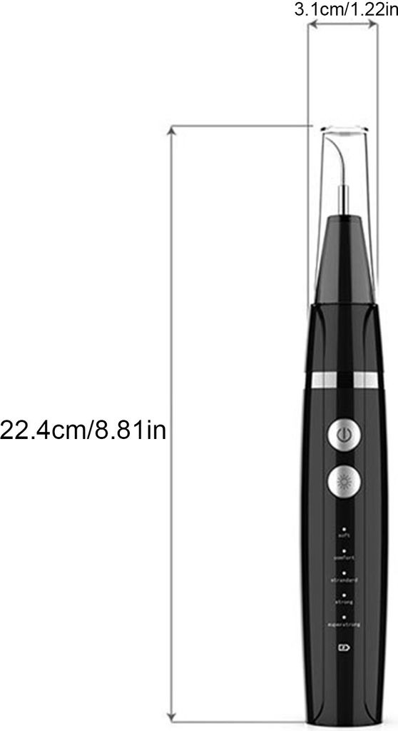 Ein schwarzer Zahnsteinentferner mit den Maßen 22,4 cm Höhe und 3,1 cm Breite.