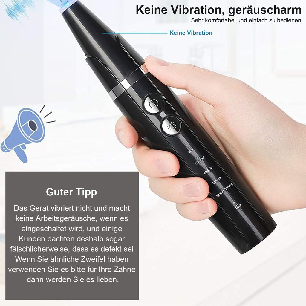 Hand hält ein schwarzes elektrisches Gerät mit Knöpfen und deutscher Text mit Hinweisen zu Vibration.
