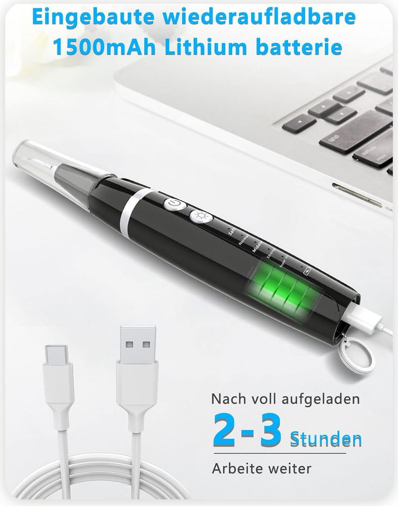 Ein schwarzer elektrischer Stift mit grünem Akku-Display und weißem Ladekabel vor einer Tastatur.