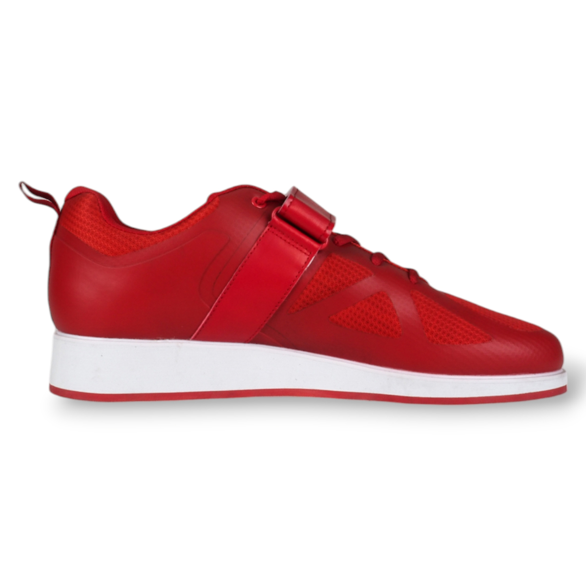 Ein roter Sneaker mit weißer Sohle und Klettverschluss auf weißem Hintergrund.