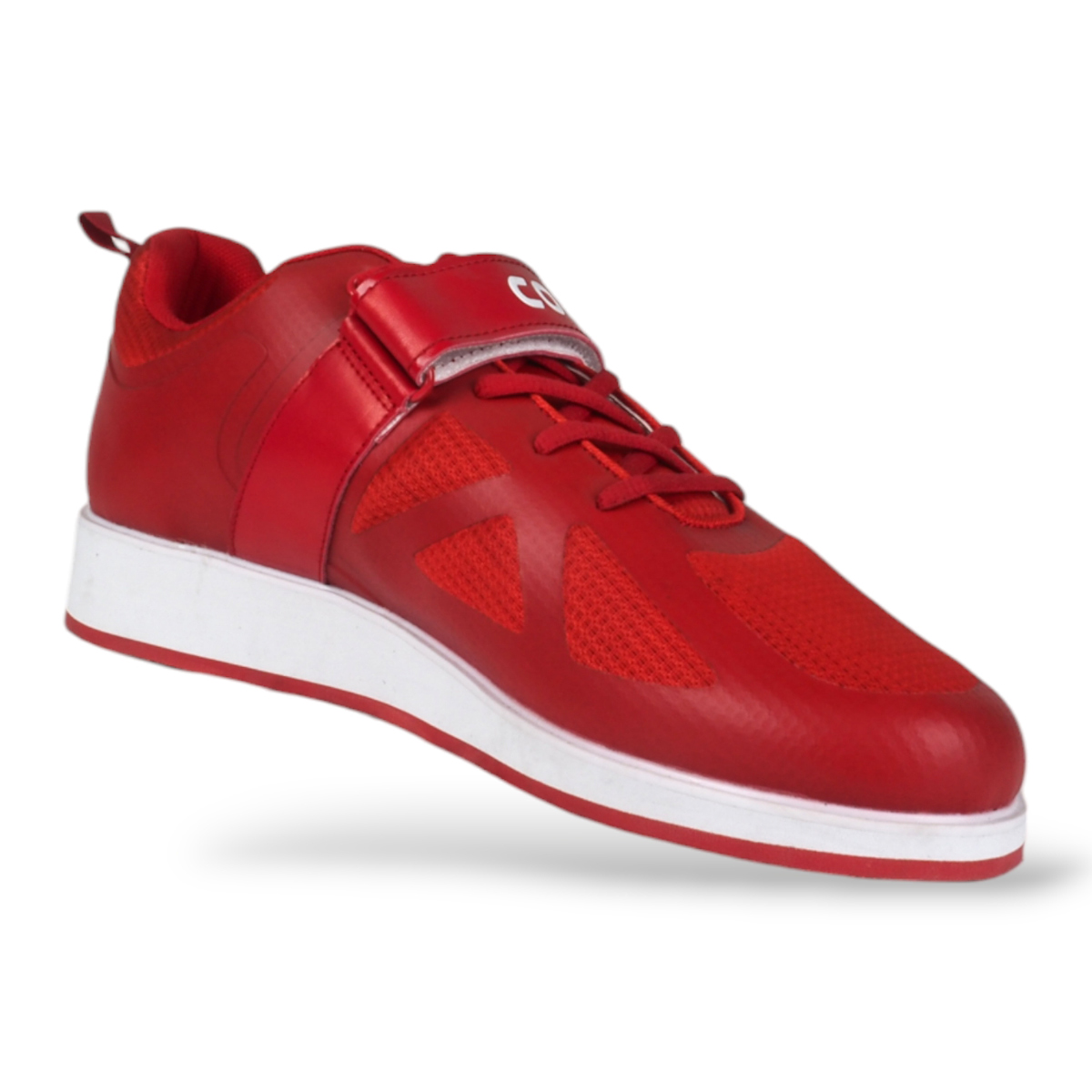 Ein einzelner roter Sneaker mit weißer Sohle und Klettverschluss auf weißem Hintergrund.
