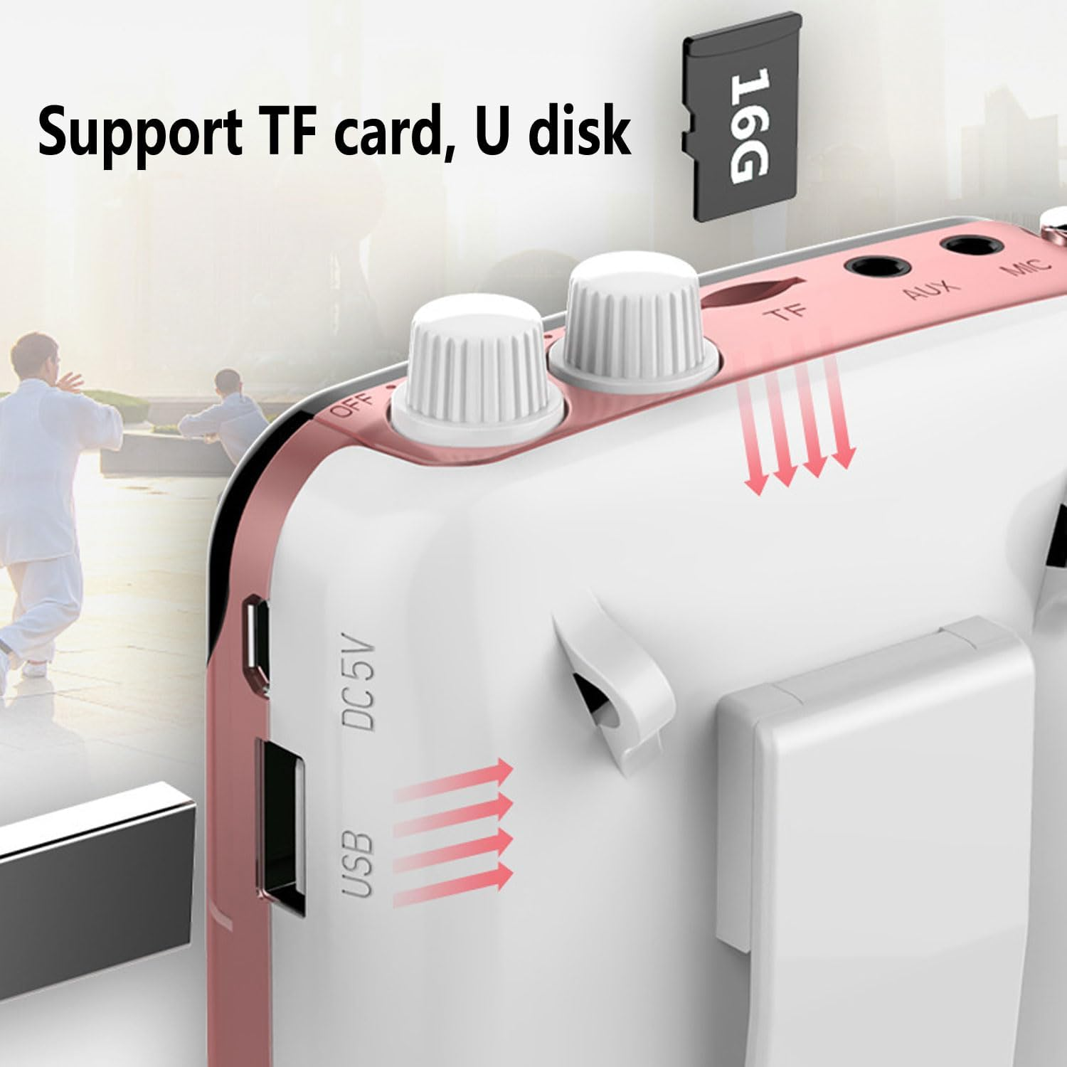 Weiß-rosafarbener Sprachverstärker mit USB- und TF-Karten-Anschlüssen.