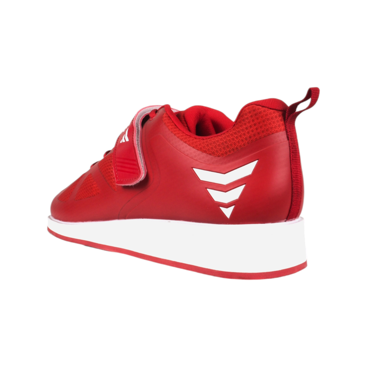 Roter Sneaker mit weißer Sohle und Klettverschluss auf weißem Hintergrund.