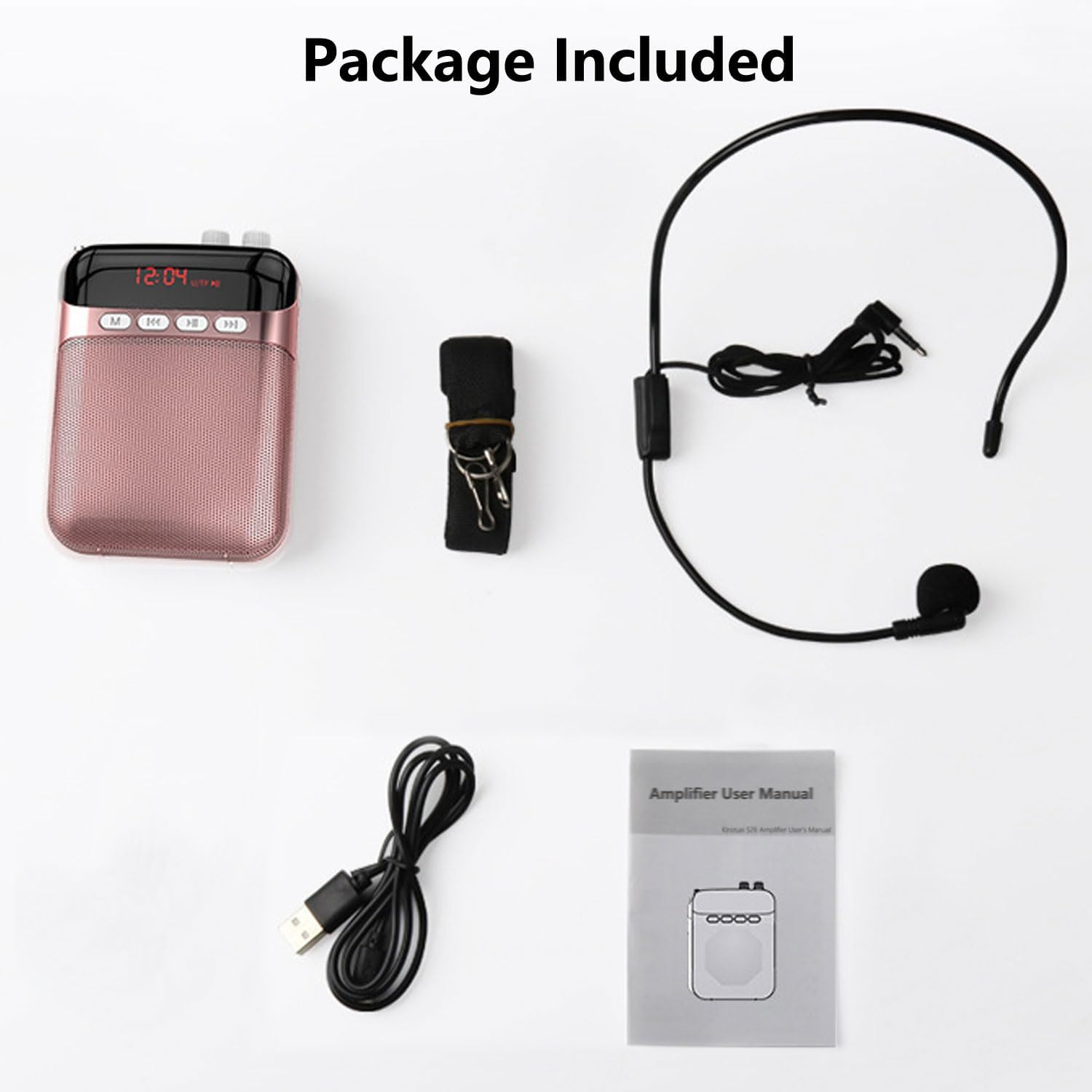Rosa Sprachverstärker, Headset-Mikrofon, Gurt, USB-Kabel und Handbuch auf weißem Hintergrund.