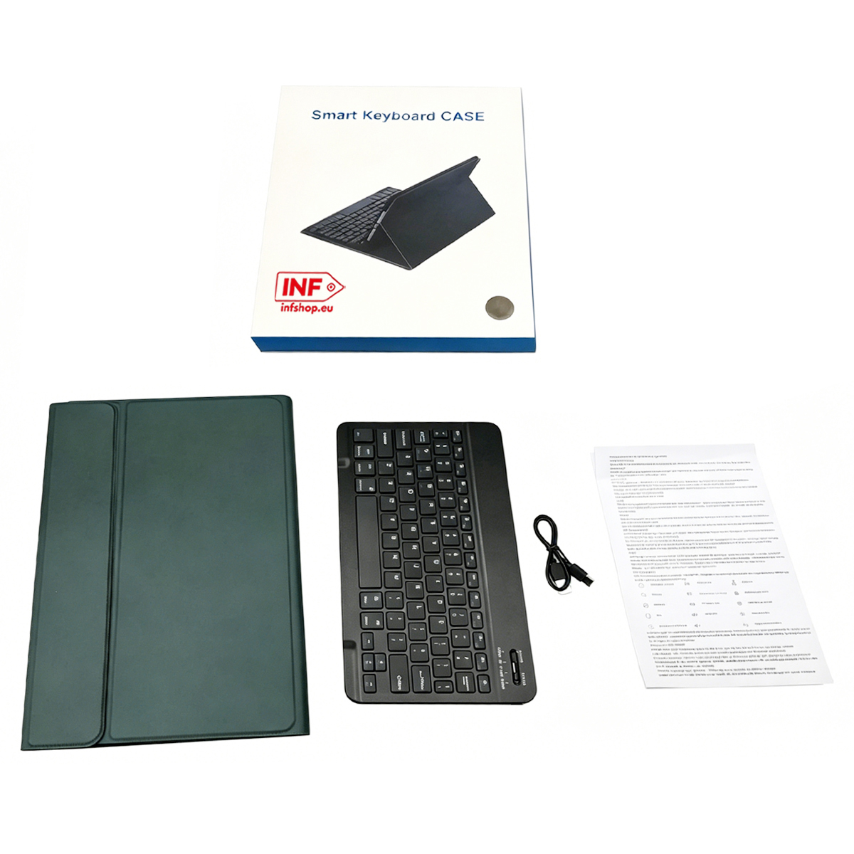 Smart Keyboard Case, dunkelgrüne Tablethülle, schwarze Funktastatur, Ladekabel und Anleitung auf weißer Oberfläche.