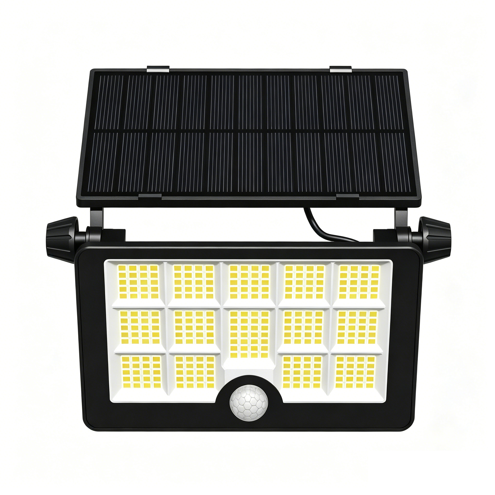 Schwarze Solar-LED-Flutlichtanlage mit Bewegungsmelder und Solarpanel.