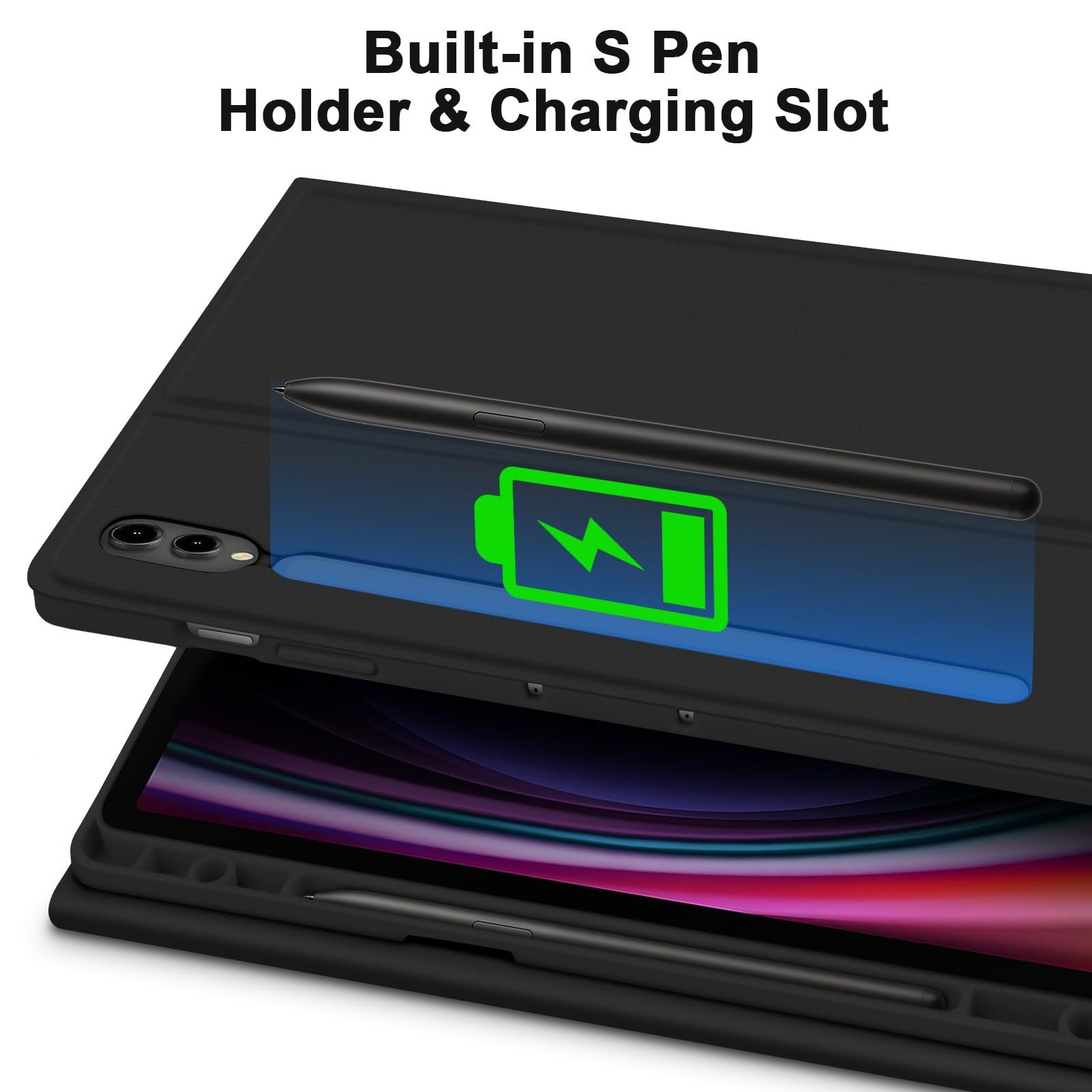 Custodia nera per tablet con portapenne integrato e slot di ricarica per la S Pen, con grafica di batteria verde.