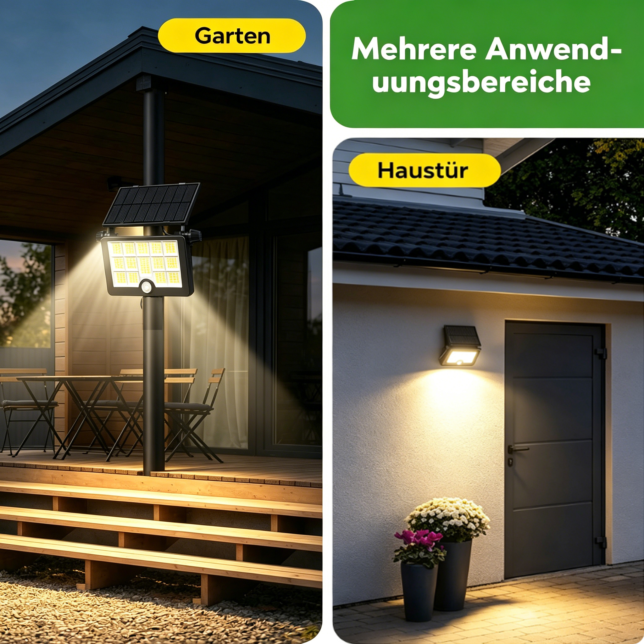 Solar-LED-Leuchten an einer Terrasse und an einer Haustür.