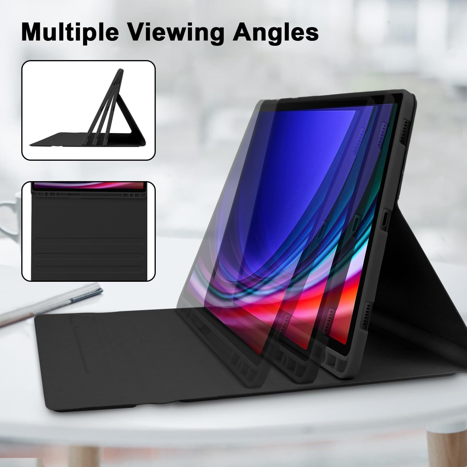 Un tablet in una custodia protettiva nera che mostra più angoli di visione su un tavolo.