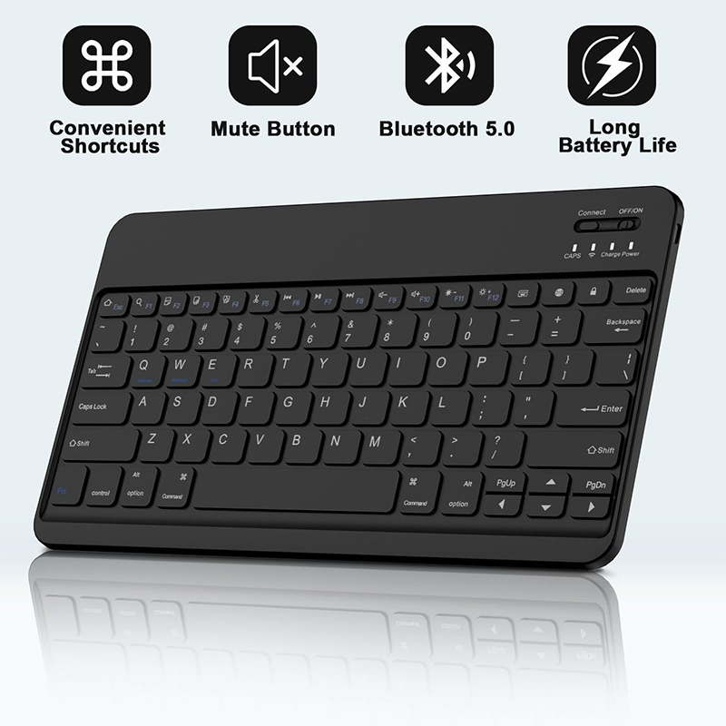 Tastiera wireless nera con tasti rapidi, muto, Bluetooth 5.0 e batteria.