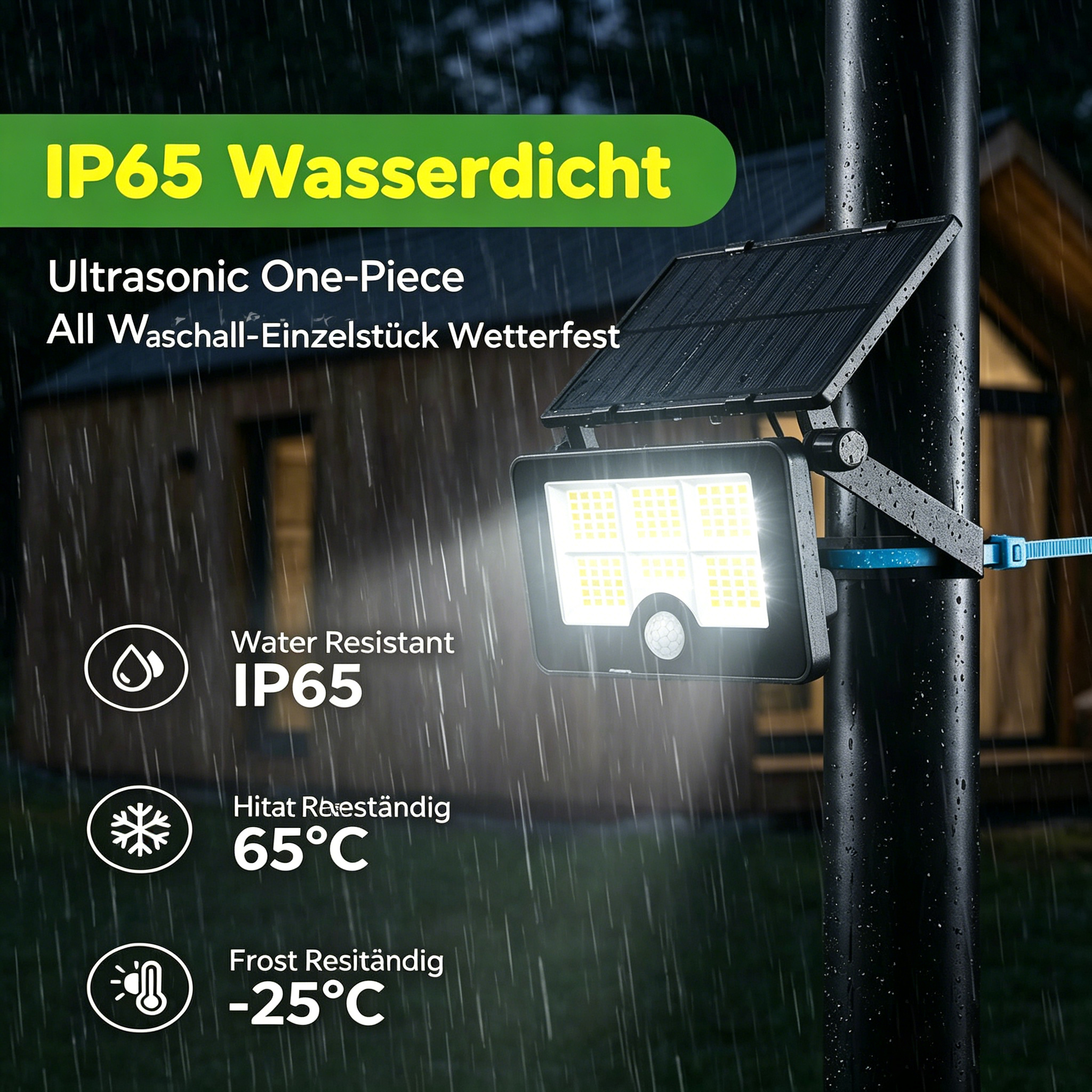 Wasserdichte Solar-LED-Leuchte an einem Pfahl bei Regen.