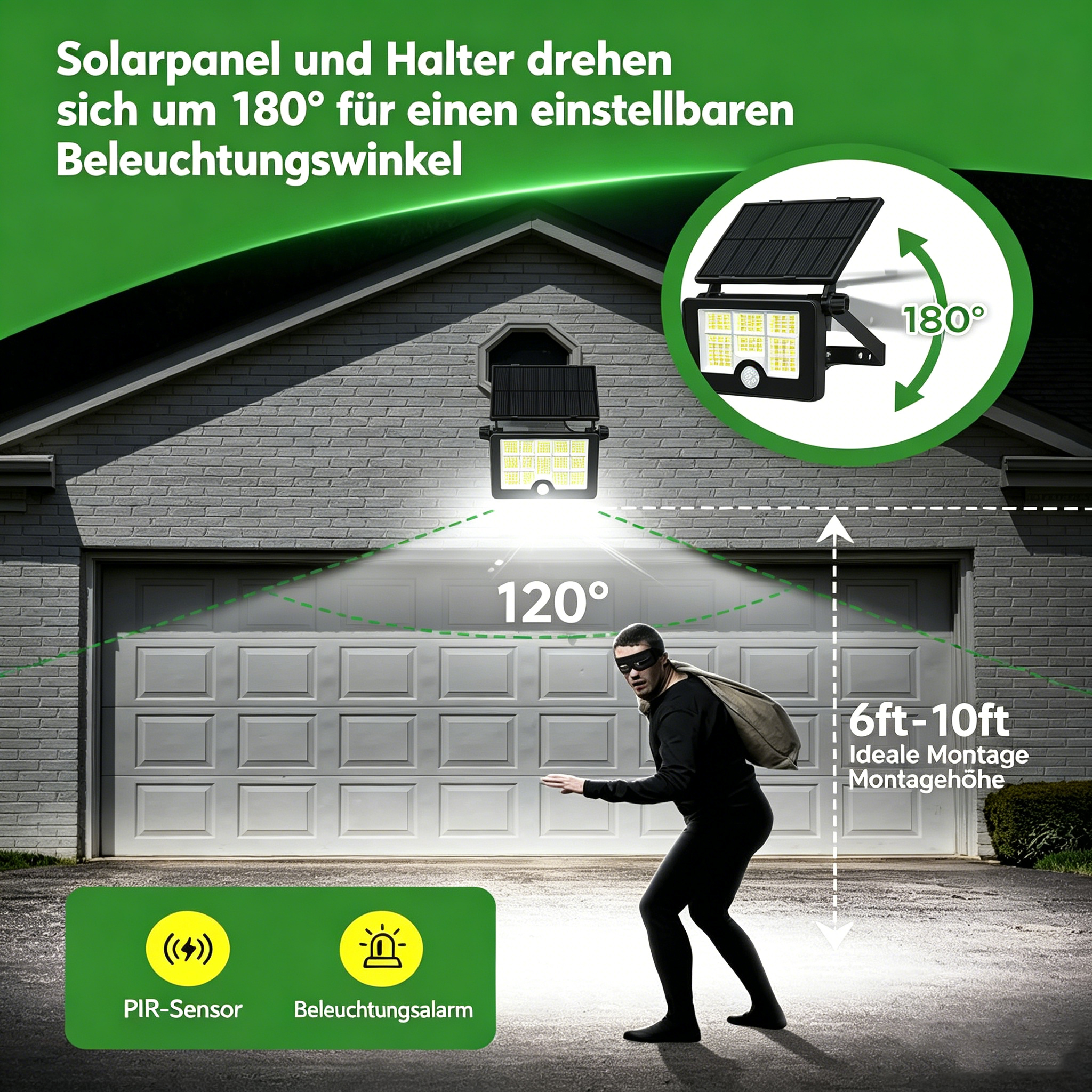 Solarleuchte über Garagentor beleuchtet Einbrecher. 180 Grad drehbar und 120 Grad Erfassungswinkel.