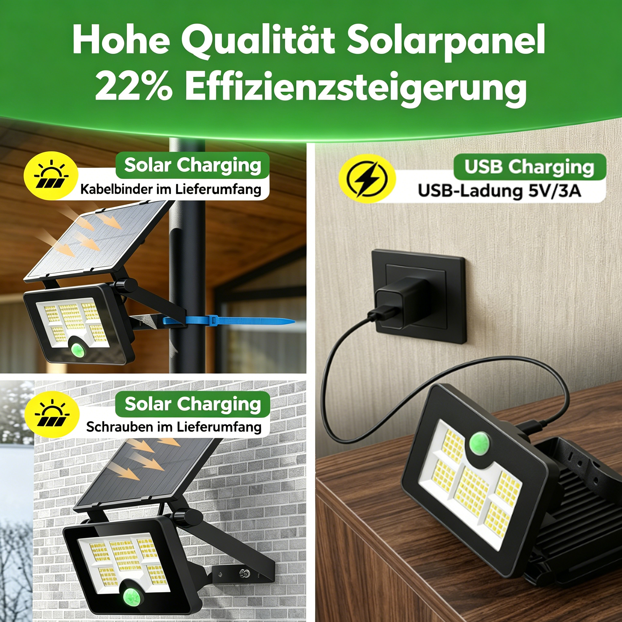 Solar-LED-Strahler mit Solar- oder USB-Ladeoptionen und Text.