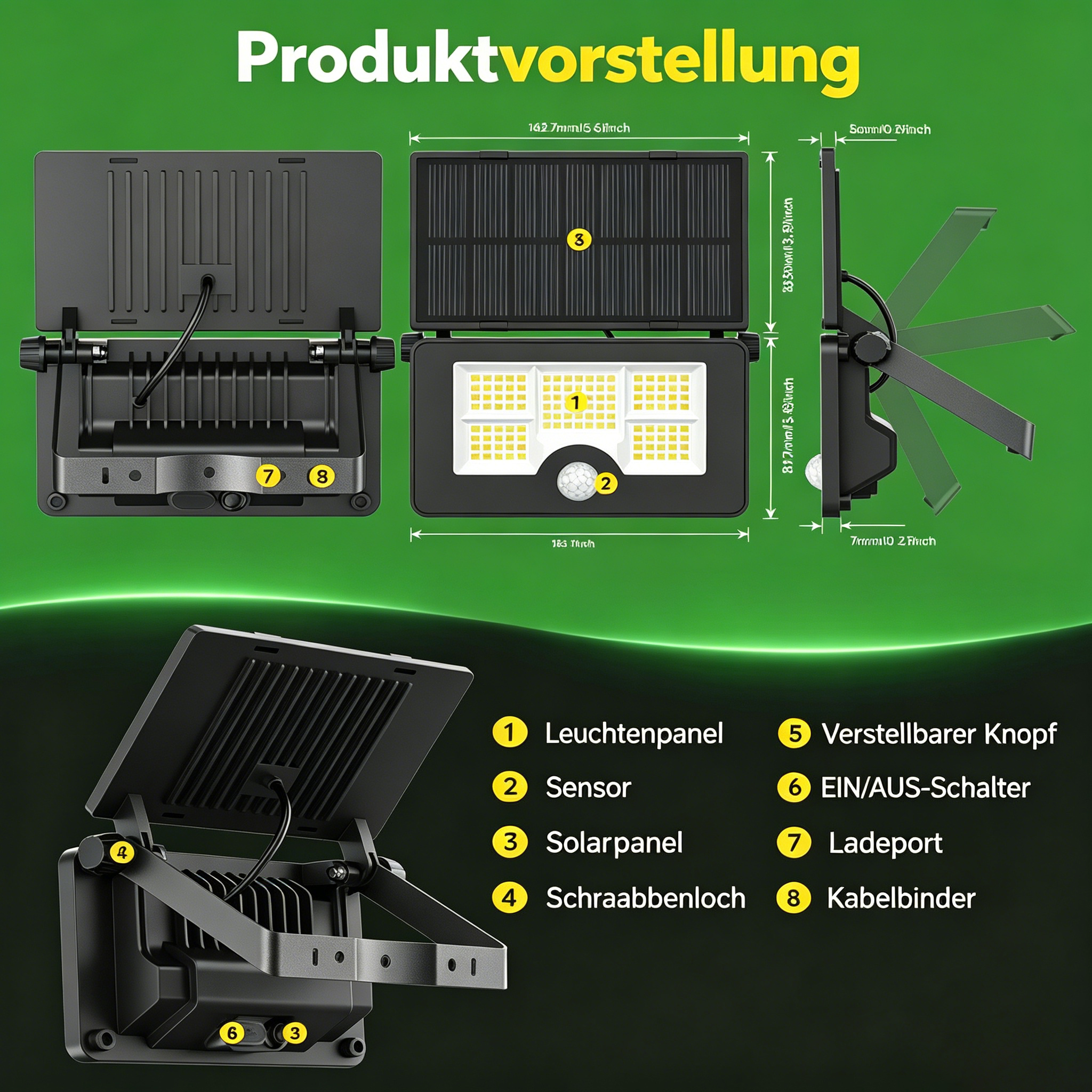 Diagramm einer Solar-LED-Leuchte mit Maßen, Merkmalen und deutscher Beschriftung auf grünem Hintergrund.