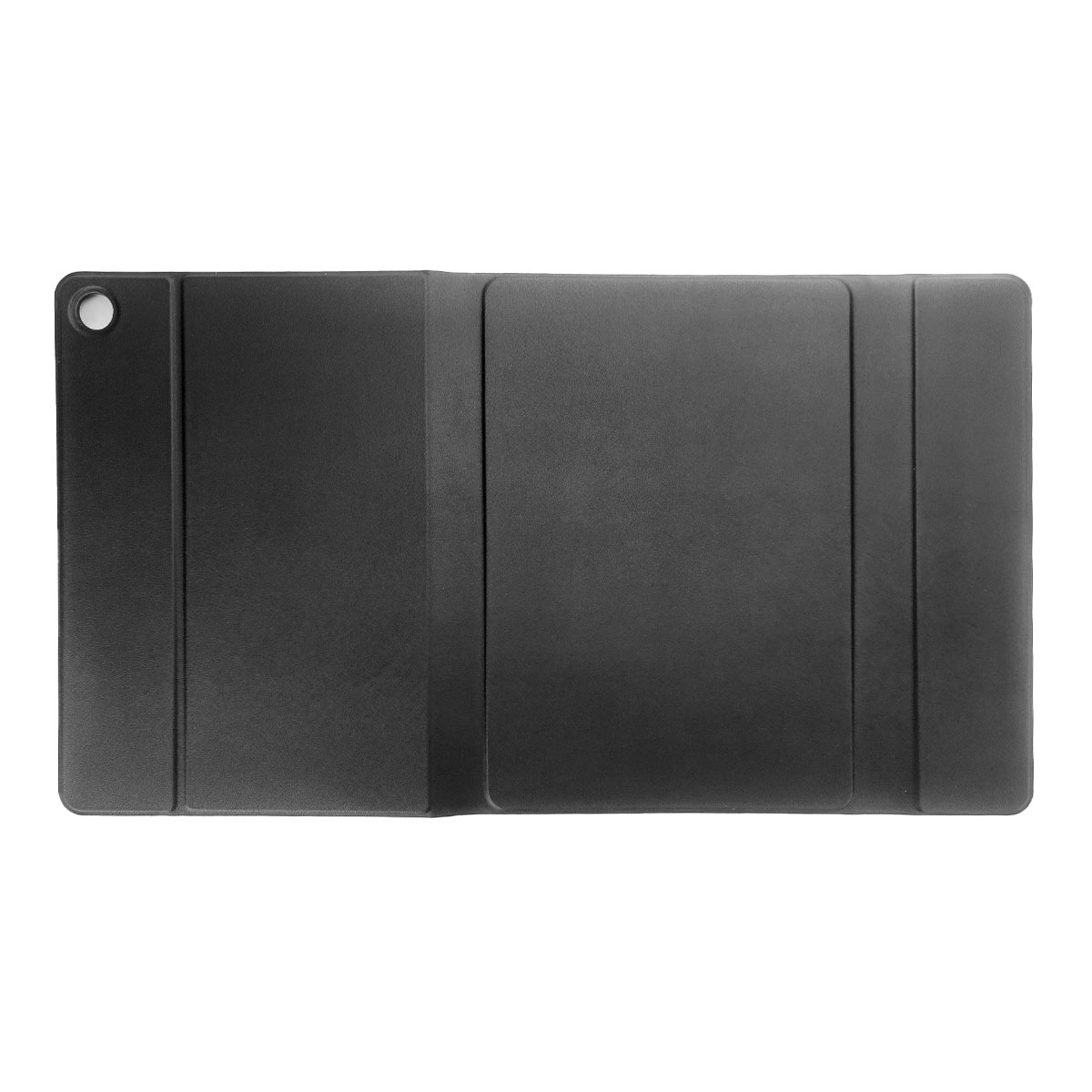Custodia pieghevole nera per tablet con supporto integrato e ritaglio per fotocamera.