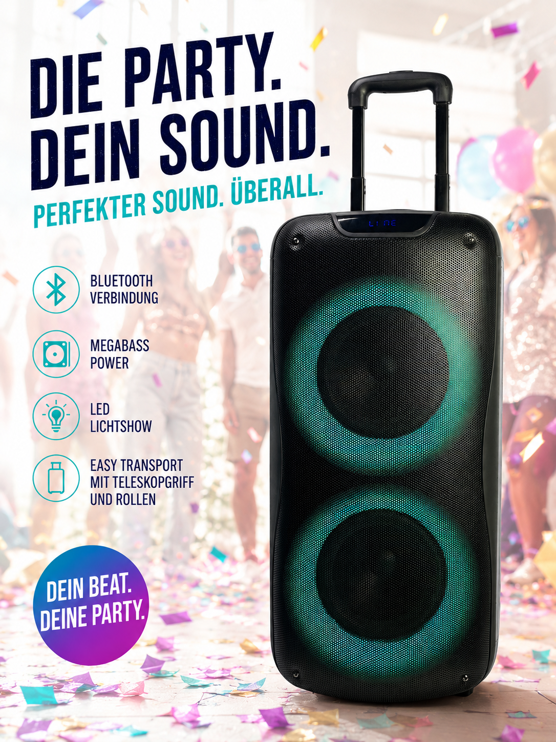 Ein tragbarer schwarzer Partylautsprecher mit grünem LED-Lichtring, Teleskopgriff und Konfetti im Hintergrund.
