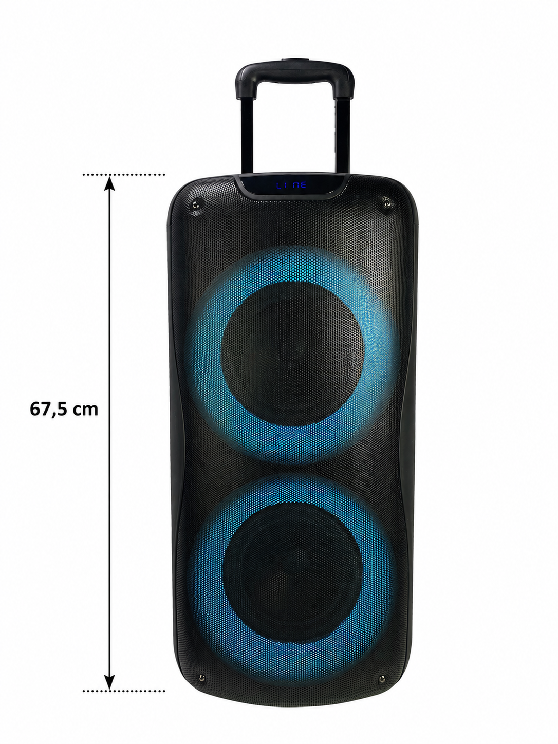 Schwarzer Trolley-Lautsprecher mit blauen Leuchtringen und einer Höhe von 67,5 cm.