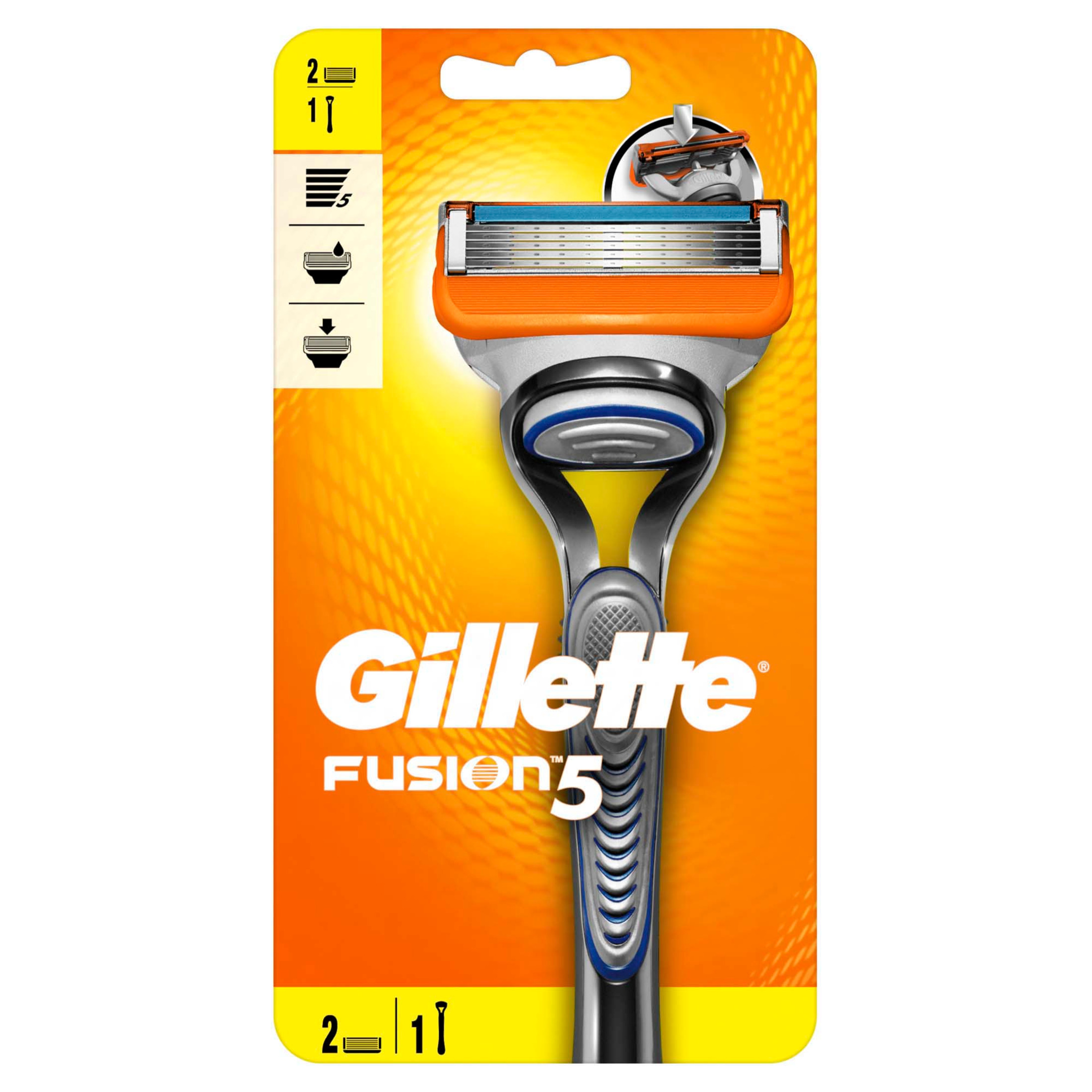 Rasoio Gillette Fusion5 in confezione arancione con cinque lame e manico ergonomico.