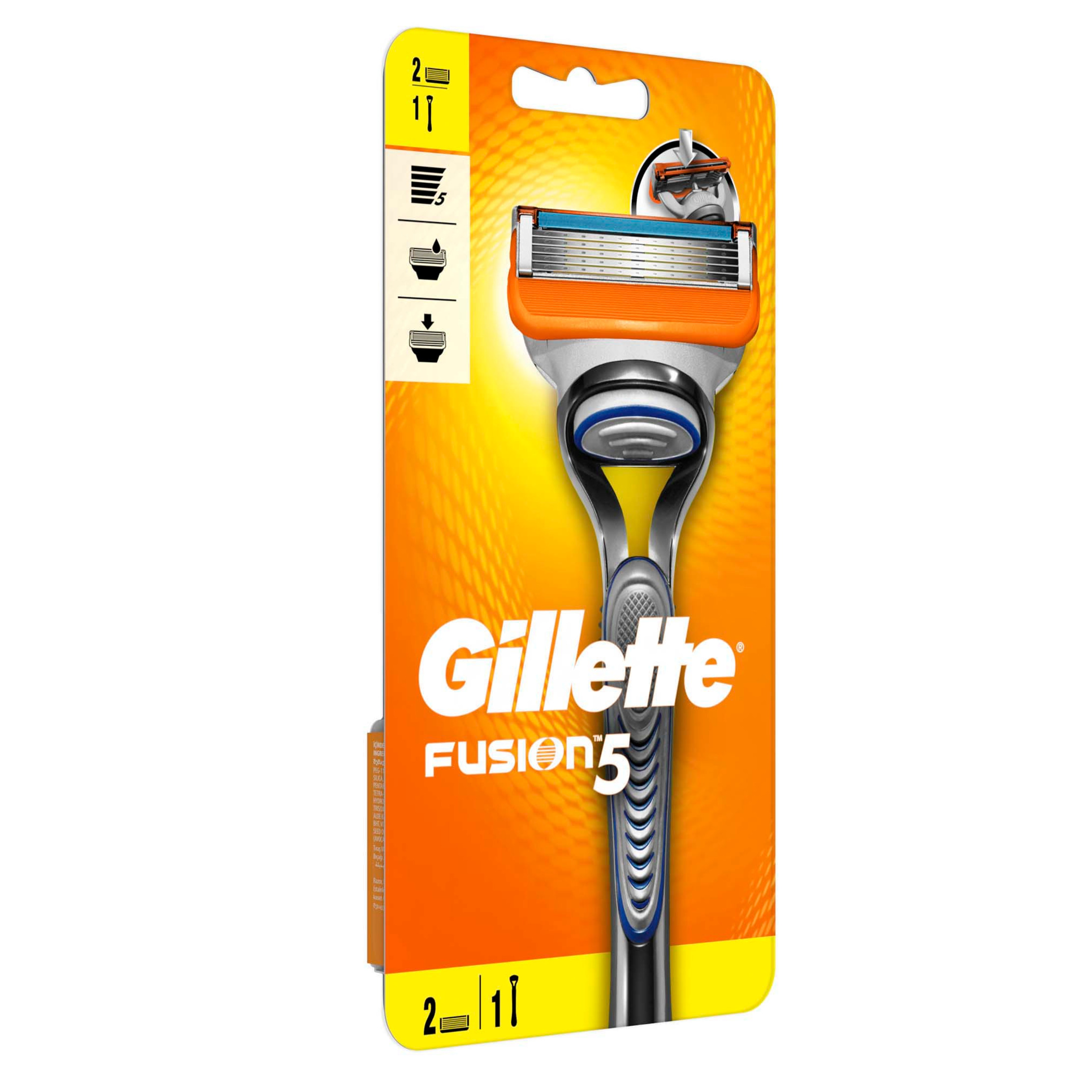 Rasoio Gillette Fusion5 in confezione arancione con cinque lame.