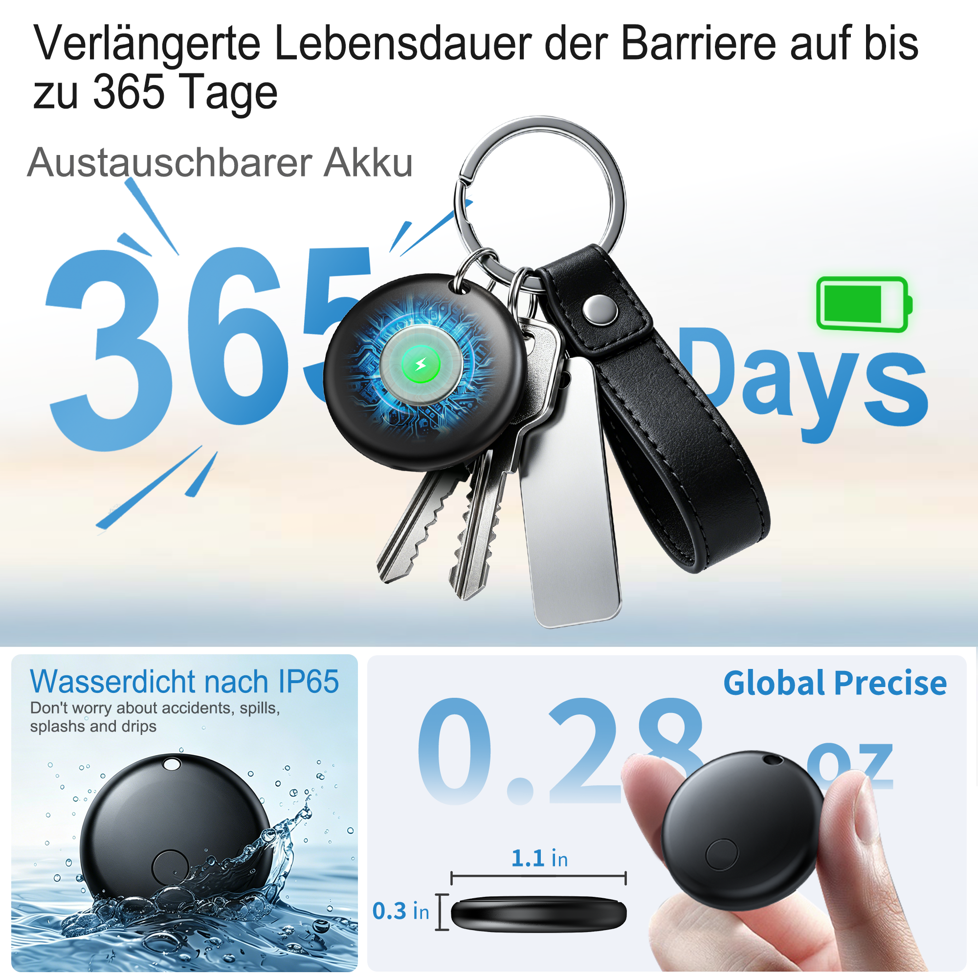 Schwarzer Smart-Tracker mit 365 Tagen Akkulaufzeit, wasserdichtem IP65-Design und kompakter Größe für Schlüssel.