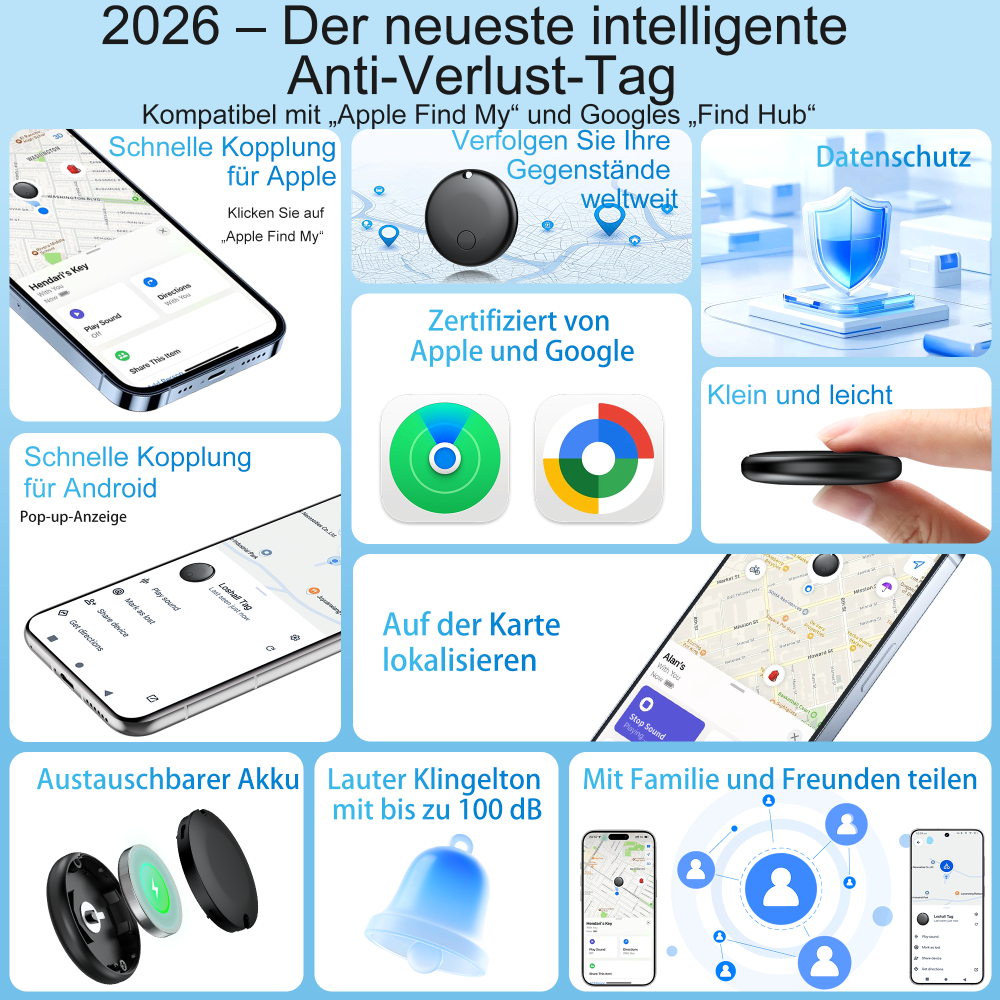 Produktbanner für einen intelligenten Anti-Verlust-Tag, kompatibel mit Apple und Google, mit Features wie weltweiter Ortung.