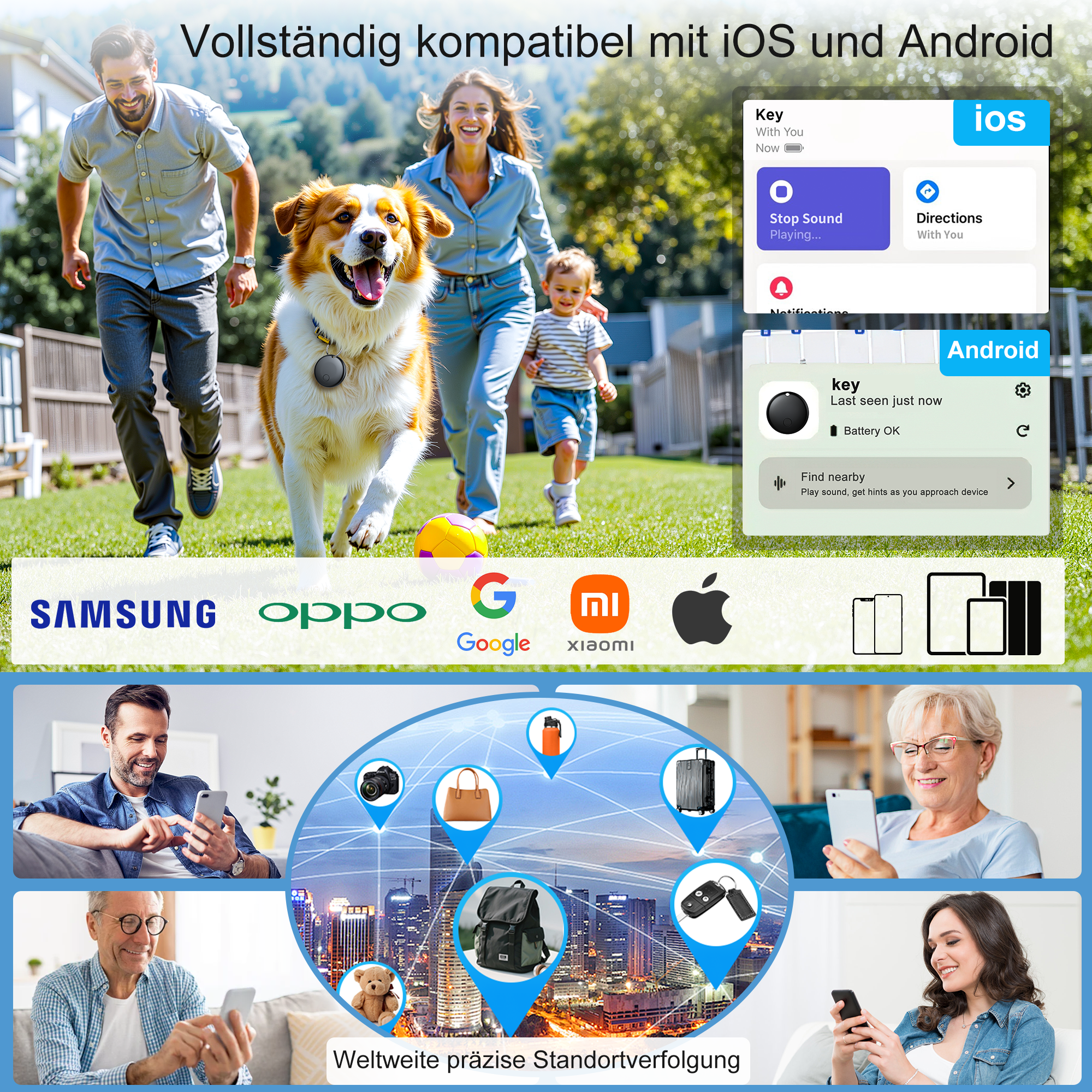 App-kompatibel für iOS und Android, zeigt Smartphone-Verfolgung für Haustiere und Gepäck.