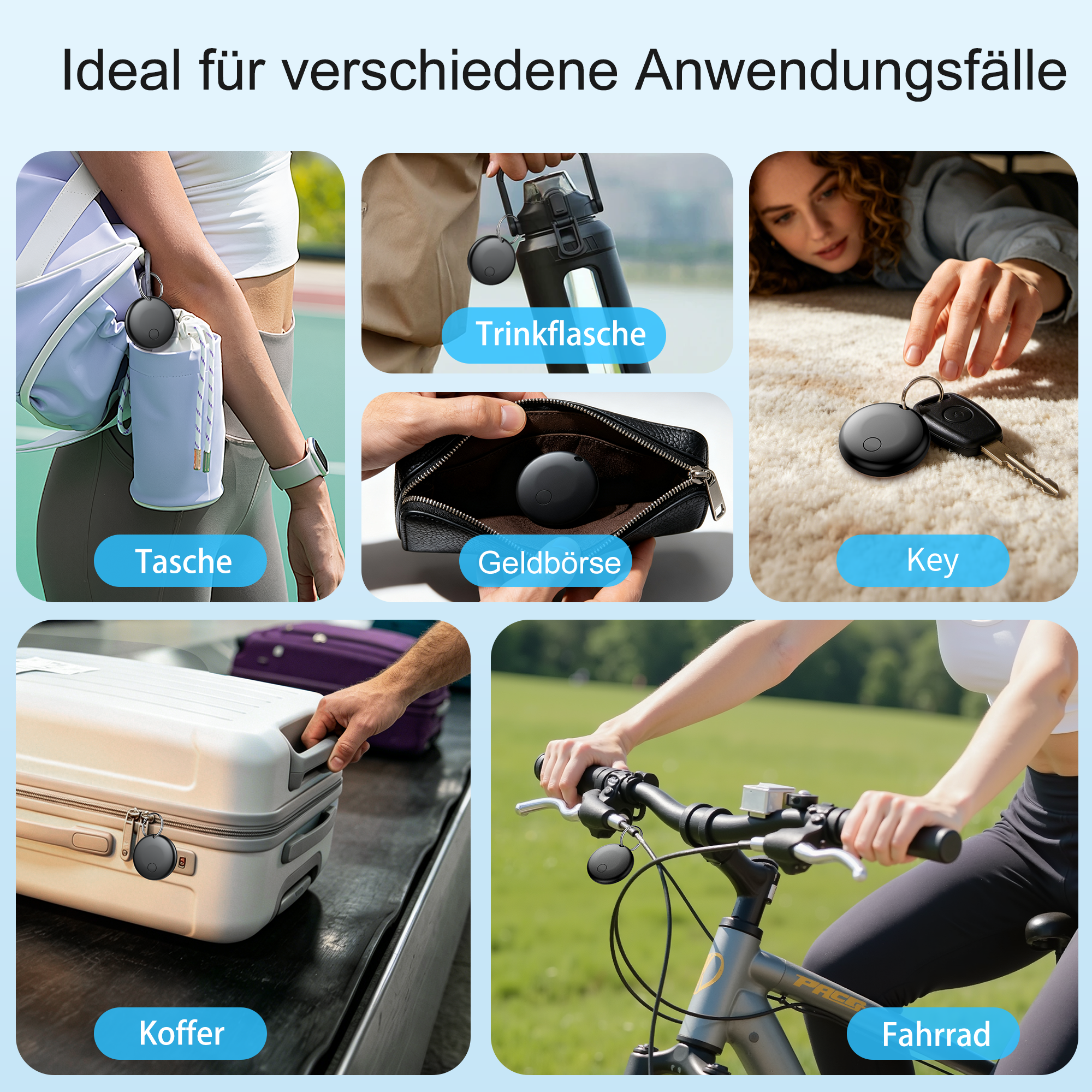 Sechs Bilder zeigen ein kleines schwarzes Ortungsgerät an einer Tasche, Trinkflasche, Geldbörse, Schlüsseln, Koffer und Fahrrad.