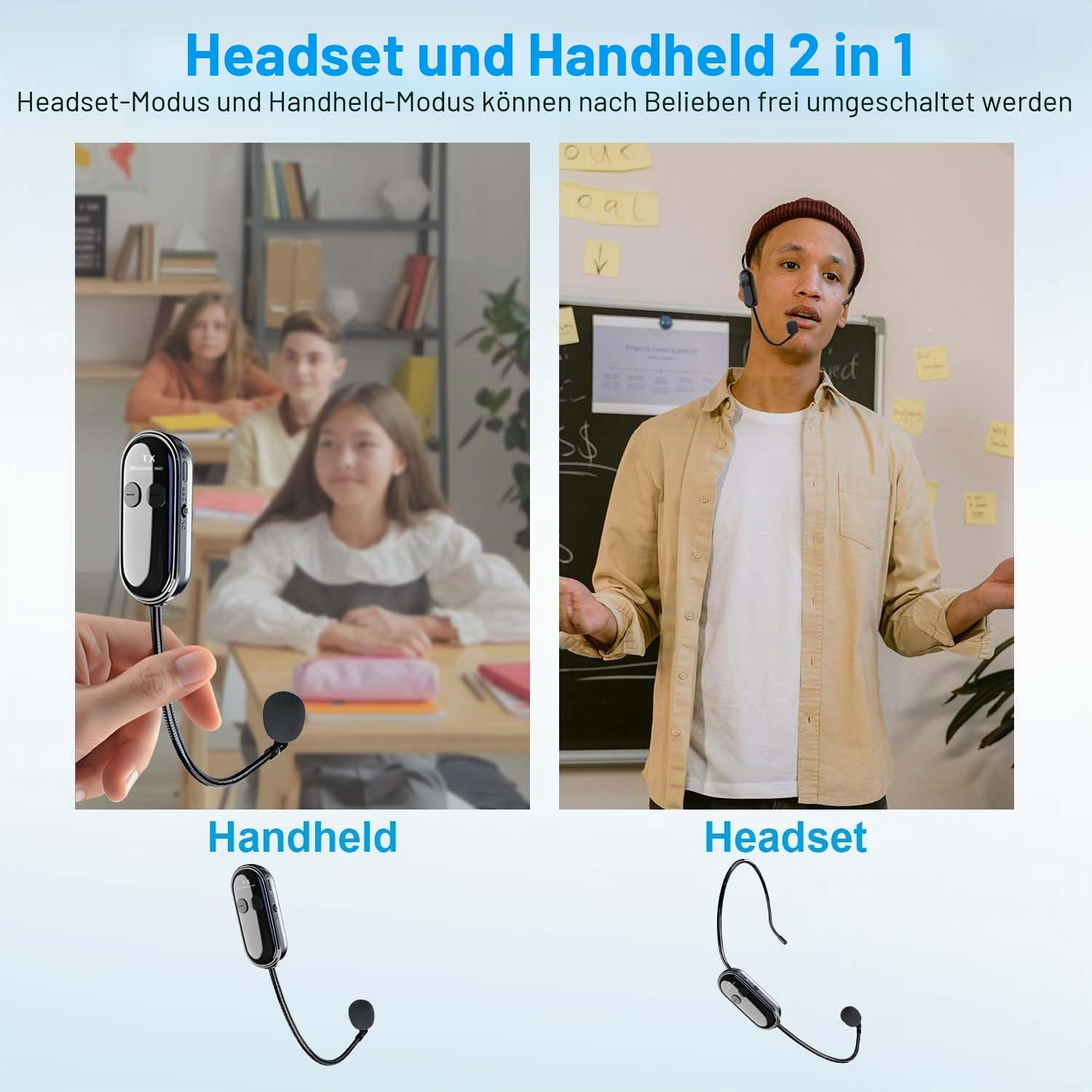 Ein Zwei-in-Eins-Drahtlosmikrofon im Handheld- und Headset-Modus in einem Klassenzimmer.