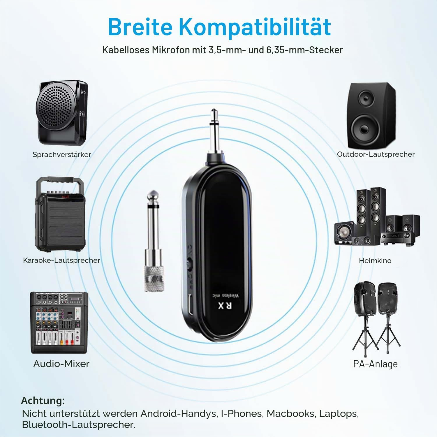 Diagramm zeigt kabellosen Mikrofon-Empfänger und kompatible Audiogeräte wie Lautsprecher, Mixer und Heimkino.