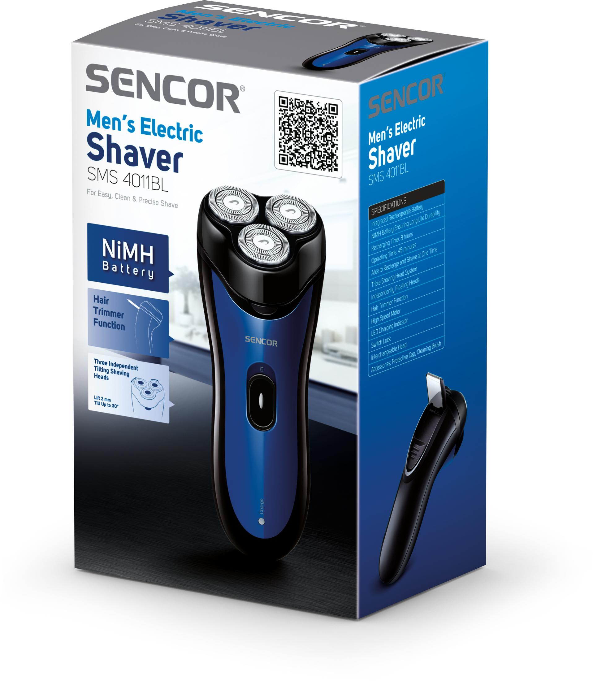Rasoio elettrico uomo Sencor SMS 4011BL in confezione blu e nera con specifiche.