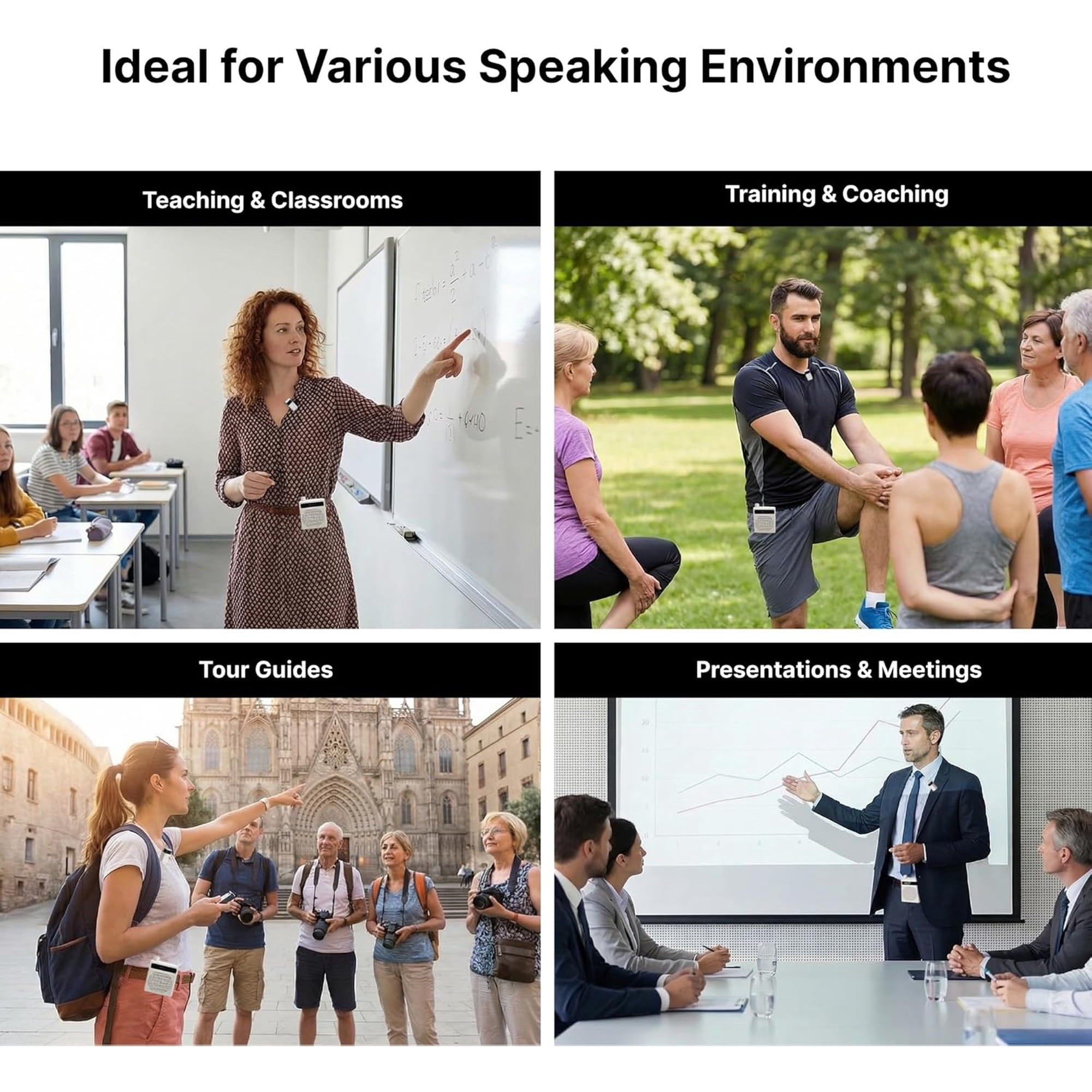 Eine Collage zeigt kabellose Sprachverstärker beim Unterricht, Outdoortraining, Stadtführungen und Meetings.