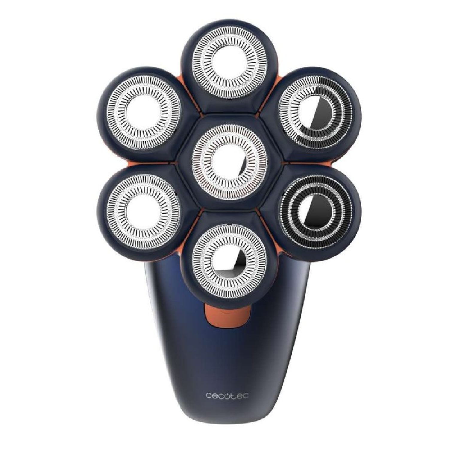 Rasoio elettrico blu scuro e arancione con sei testine di rasatura circolari su sfondo bianco.