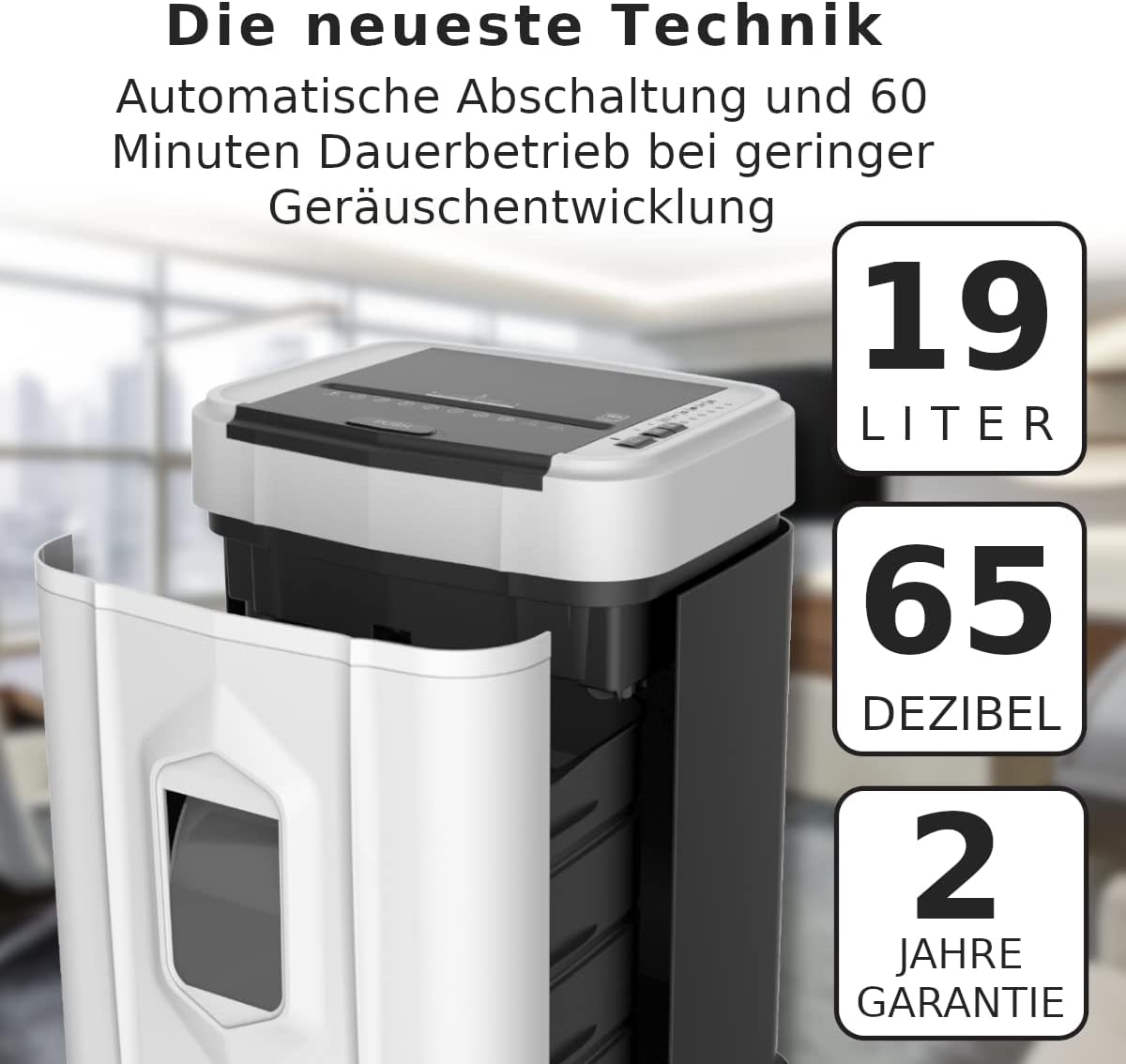 Aktenvernichter mit 19L Kapazität, 65 dB und 2 Jahren Garantie vor verschwommenem Hintergrund.