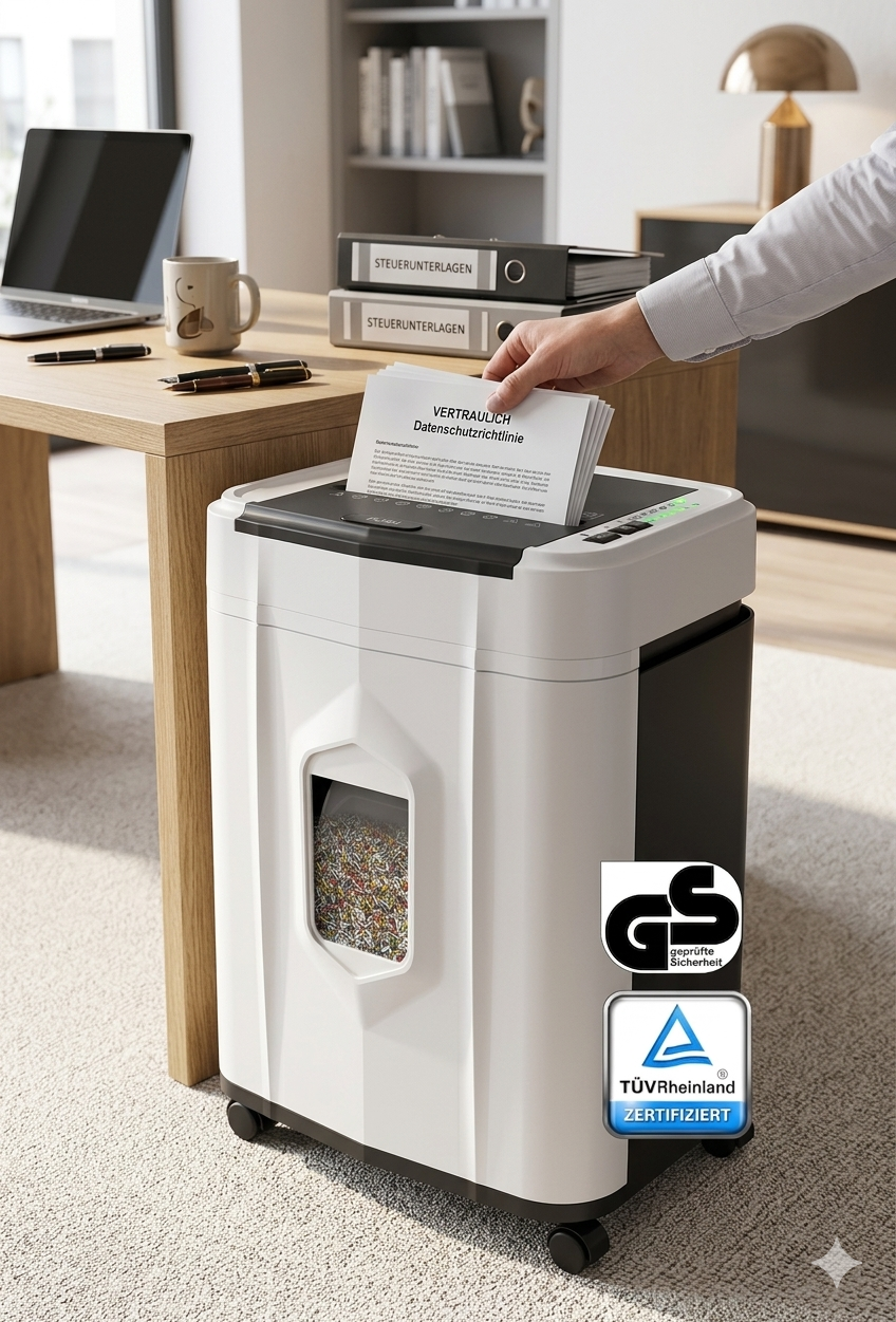 Eine Person shreddert Dokumente in einem modernen Büro mit Holztisch und Laptop.