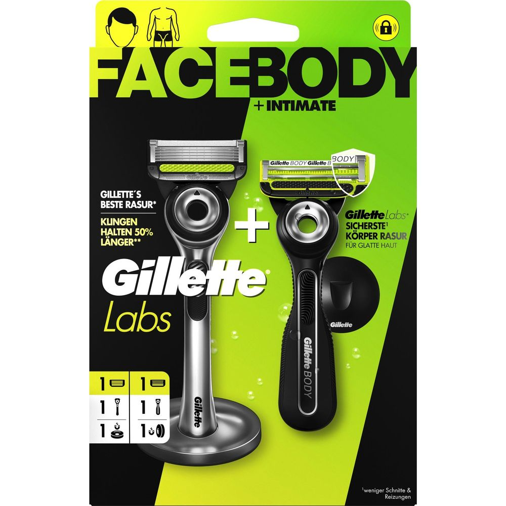 Confezione di rasoi Gillette FaceBody con due diversi modelli e accessori su sfondo verde e nero.