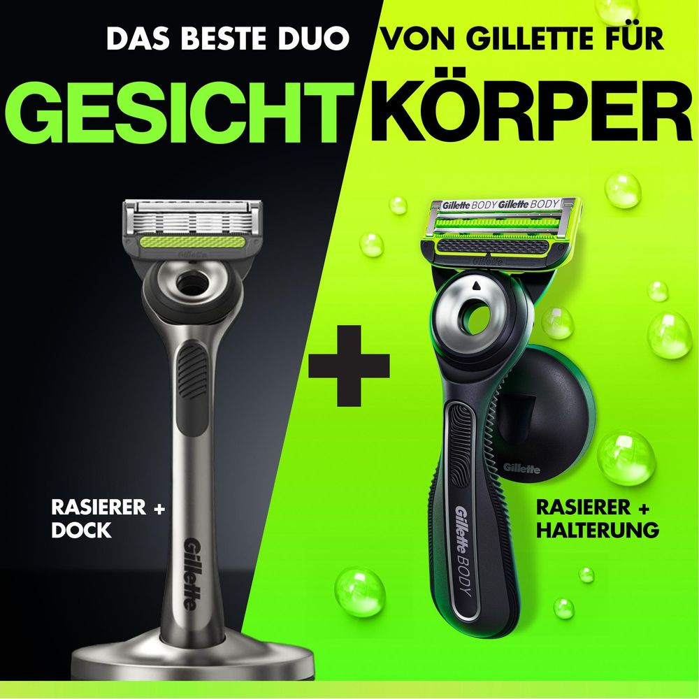 Pubblicità Gillette che mostra due rasoi con dock e supporto su sfondo nero e verde con gocce d'acqua.