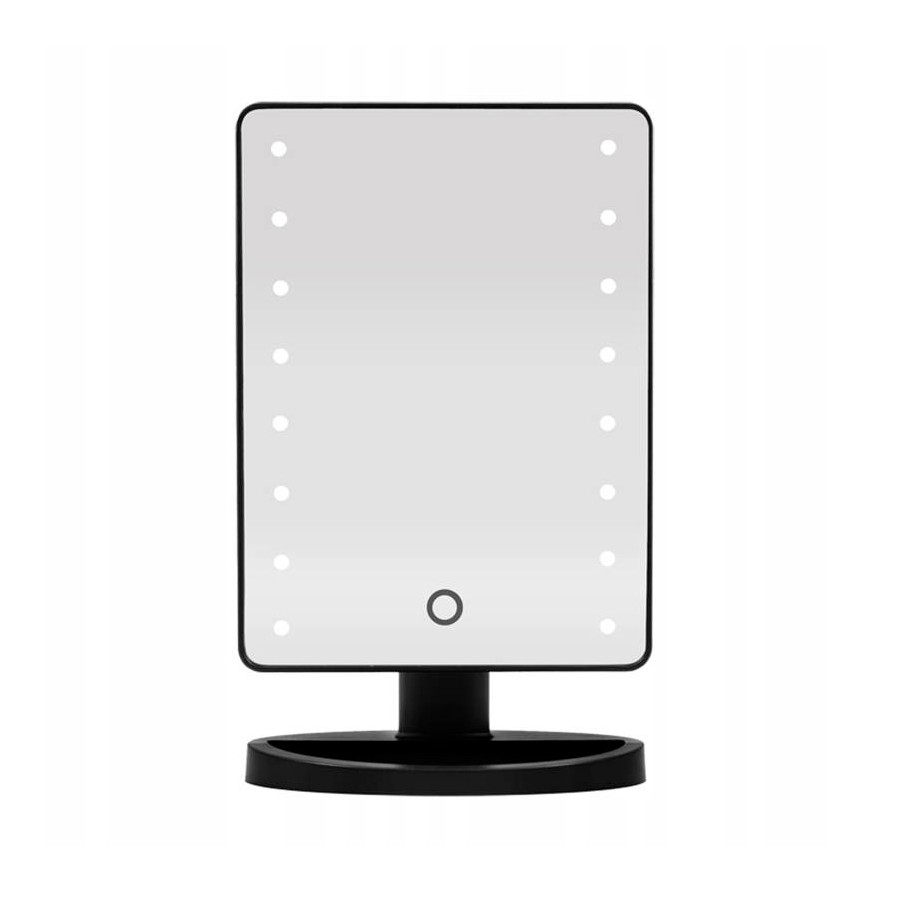 Specchio da trucco nero rettangolare con luci LED lungo i bordi e un interruttore a sfioramento.
