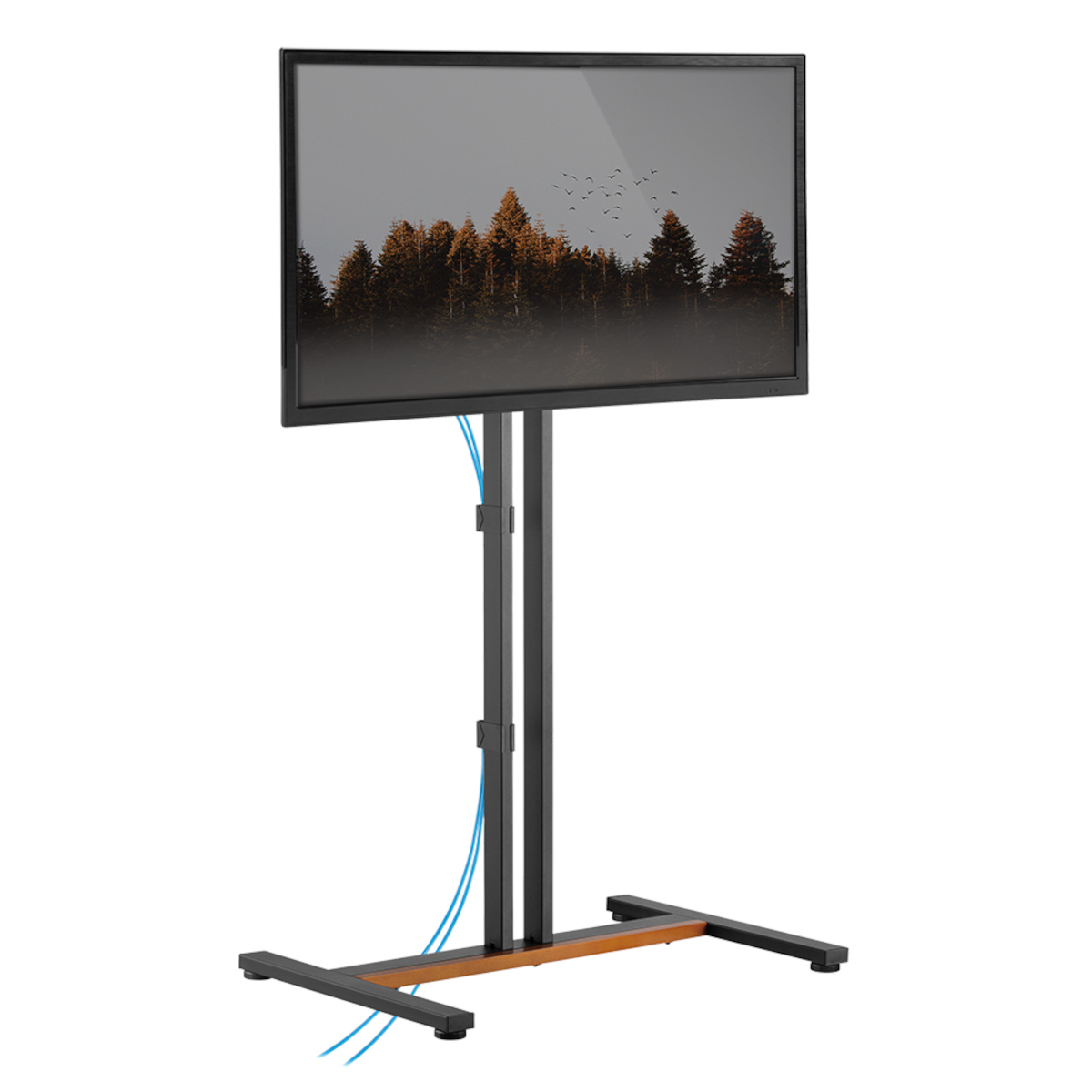 Ein schwarzer TV-Ständer mit einem Bildschirm, der einen Wald mit Vögeln zeigt.