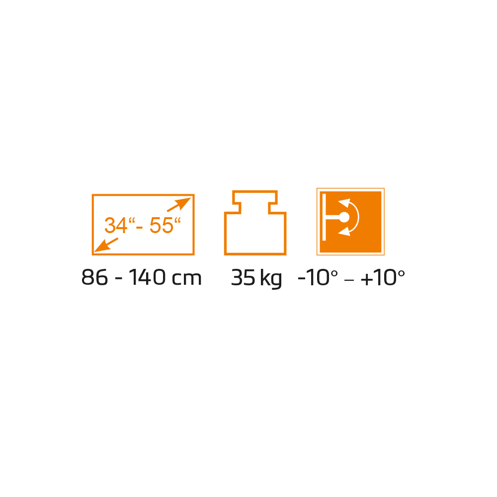 Orangene Symbole für Bildschirmgröße 34"-55", Gewicht 35 kg und Neigung -10° bis +10°.