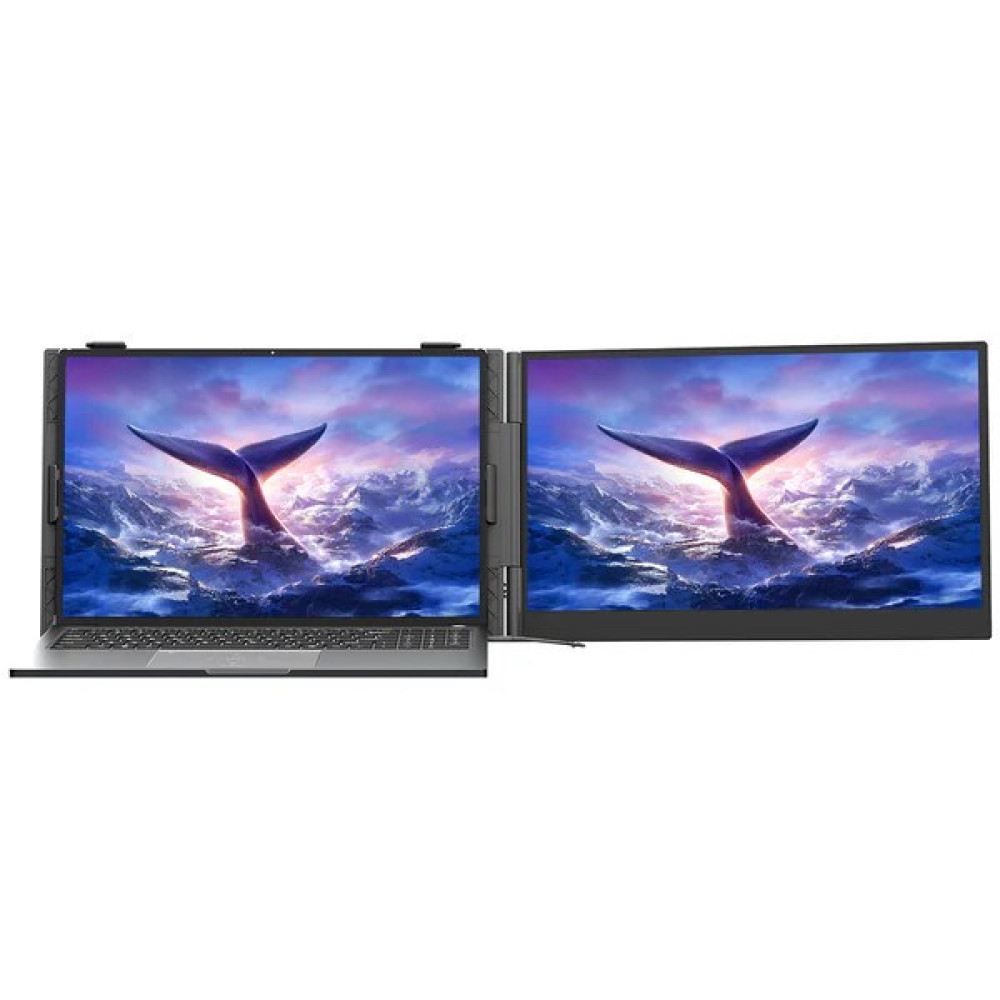 Laptop z dwoma ekranami przedstawiający ogień wieloryba nad ośnieżonymi górami i fioletowym niebem.