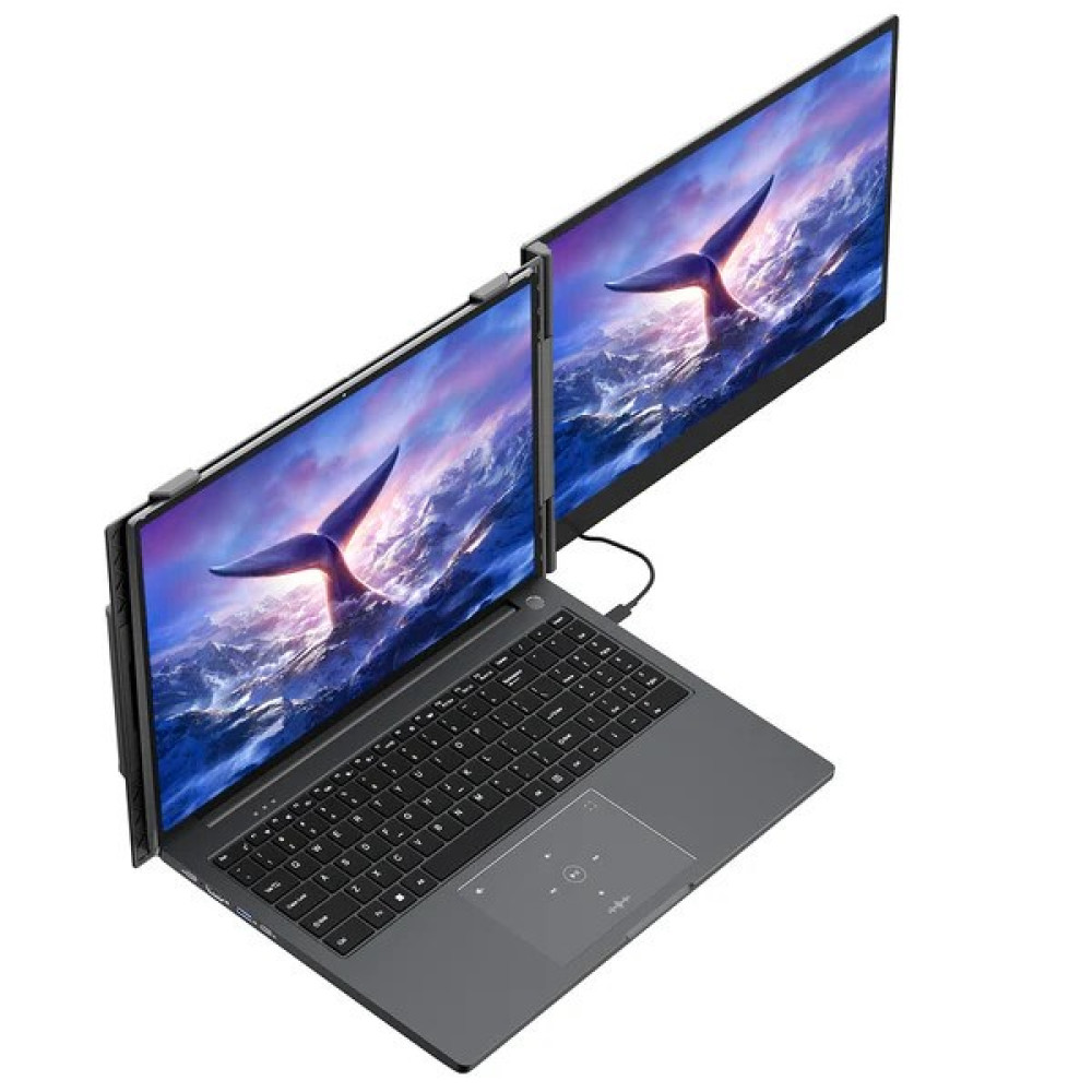 Nowoczesny szary laptop z dwoma dołączonymi ekranami z tapetą przedstawiającą ogień wieloryba, widziany z góry na białym tle.