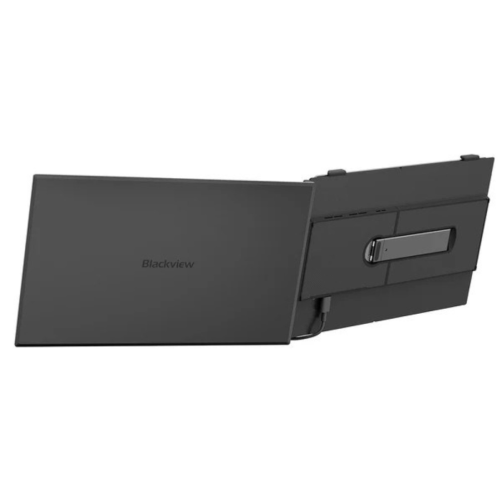 Czarny przenośny podwójny monitor Blackview z logo po lewej stronie na białym tle.