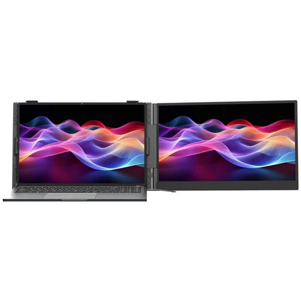 Laptop z dołączonym drugim ekranem wyświetla kolorową, abstrakcyjną tapetę falistą na białym tle.