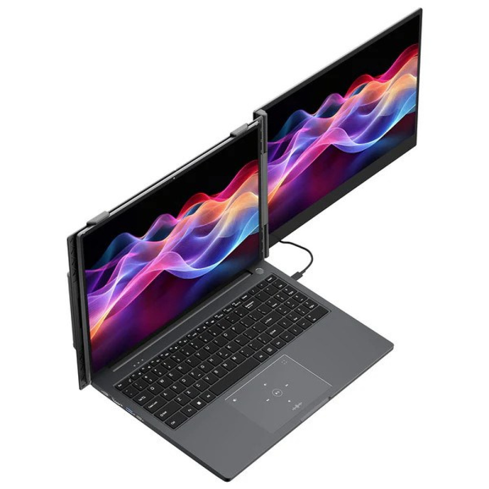 Szary laptop z dwoma pionowymi ekranami i kolorową tapetą, widoczny z góry.