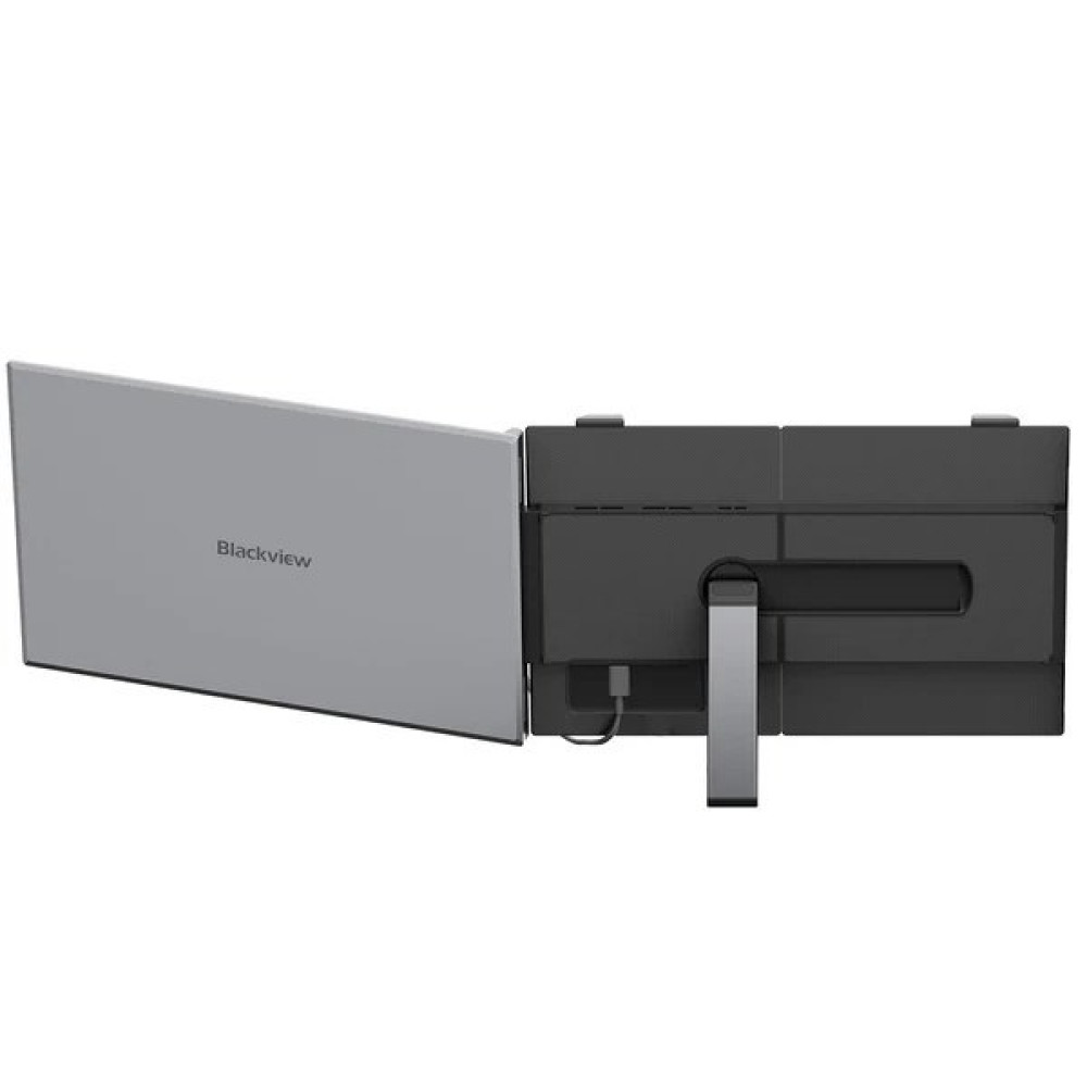 Przenośny czarny monitor z napisem Blackview na szarym tyle, z przymocowaną podstawką na jednolitym tle.
