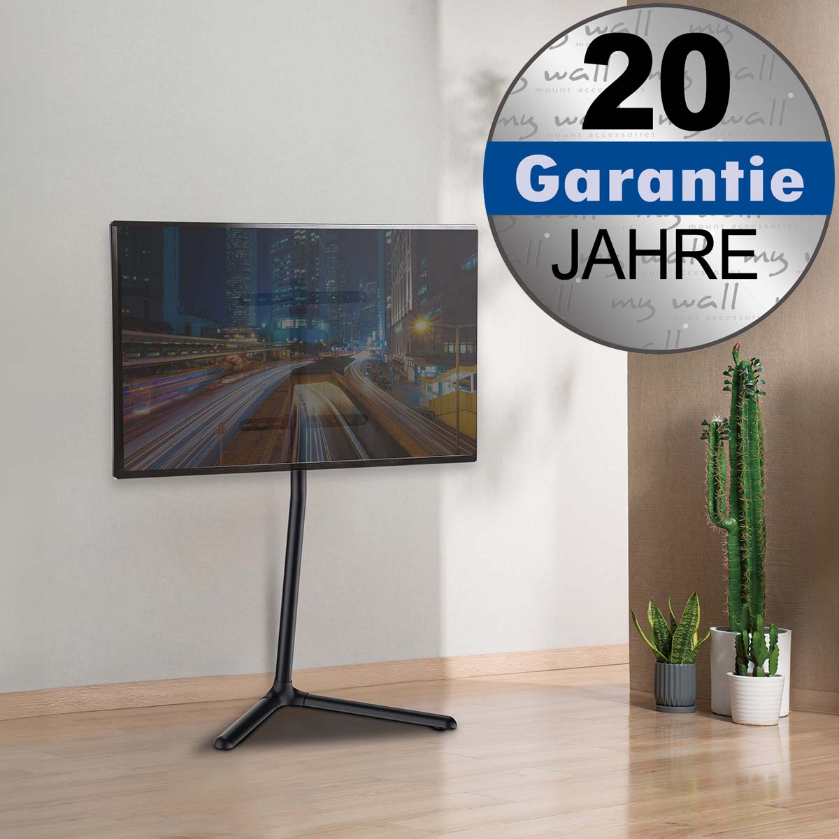 Ein Fernseher auf einem schwarzen Standfuss im Wohnzimmer, daneben zwei Kakteen in Töpfen.