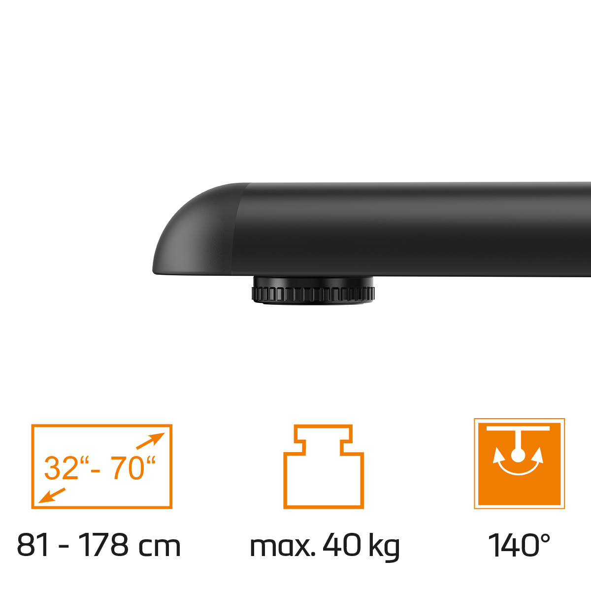 Schwarze TV-Halterung mit Symbolen für 32-70 Zoll, max. 40 kg und 140 Grad Drehung.