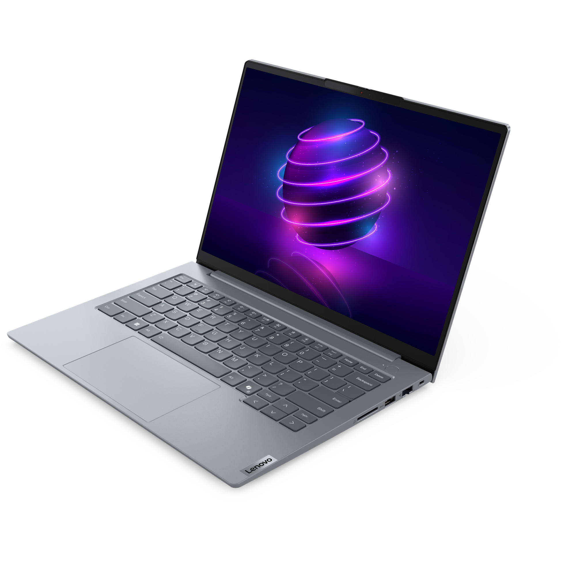 Beyaz arka planda gri bir Lenovo dizüstü bilgisayar, ekranda neon pembe parlayan bir küre gösteriyor.