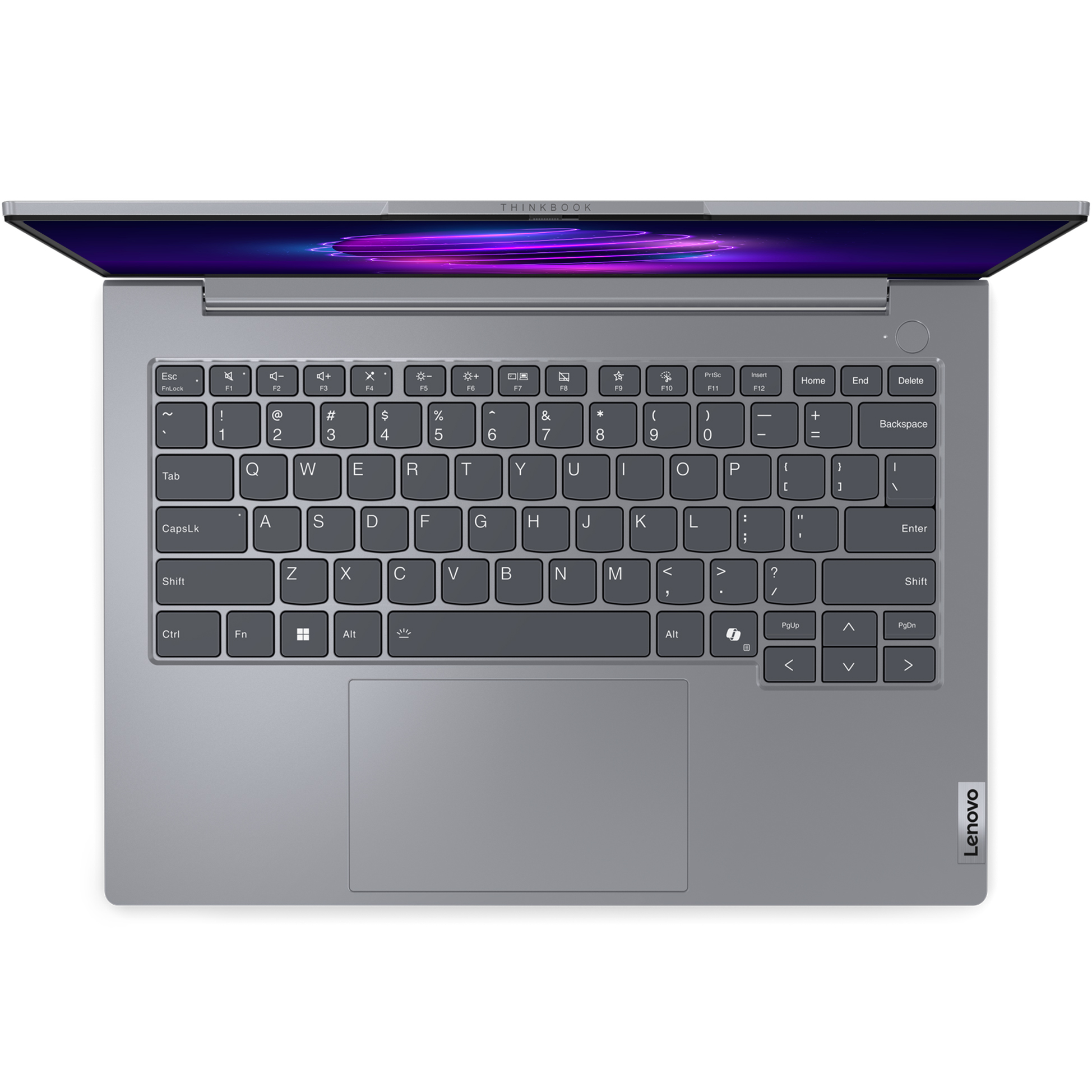 QWERTY klavyesi ve izleme dörtgeni görünen gri bir Lenovo ThinkBook dizüstü bilgisayarın üstten görünümü.