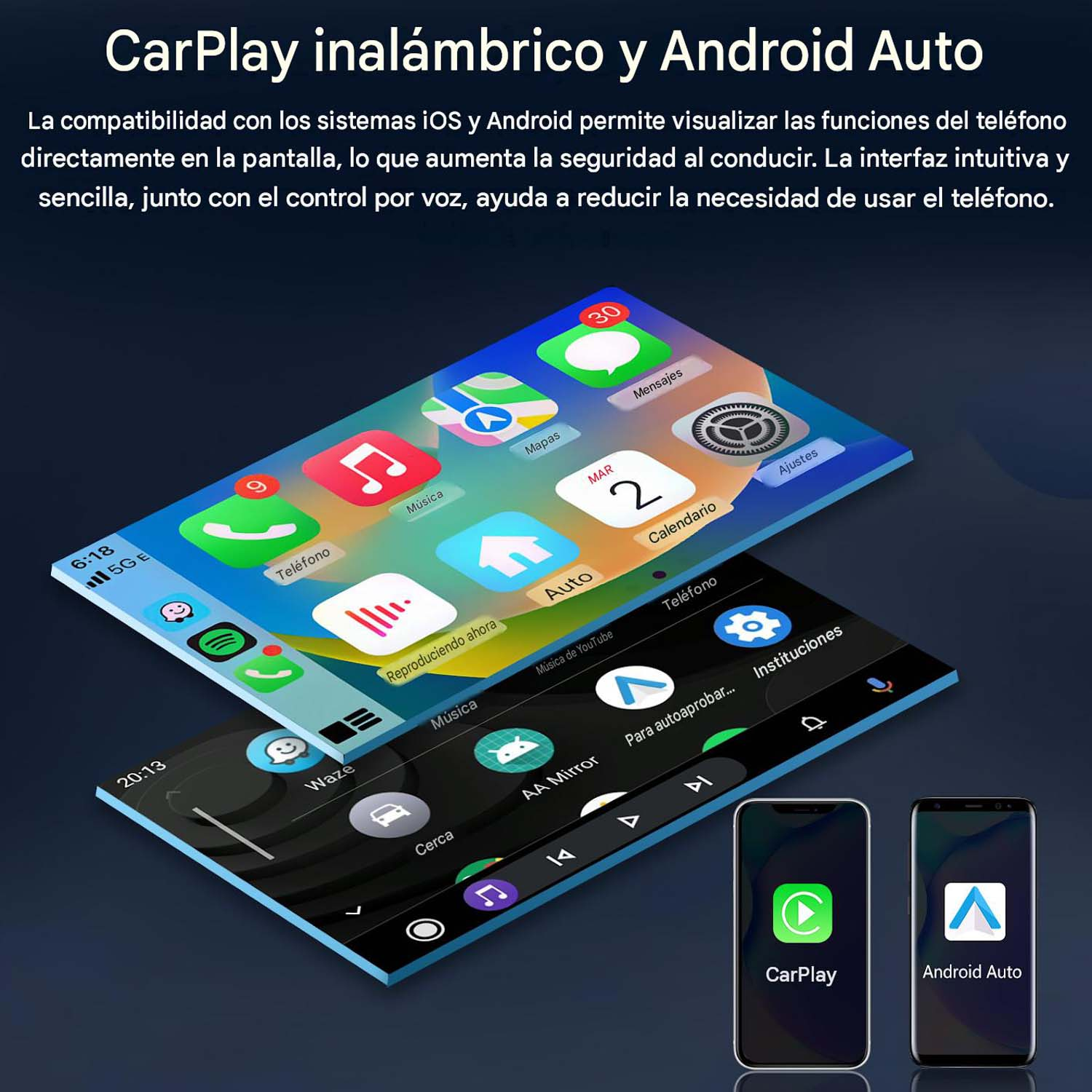 Pantalla de infoentretenimiento de coche que muestra CarPlay inalámbrico e interfaces de Android Auto.